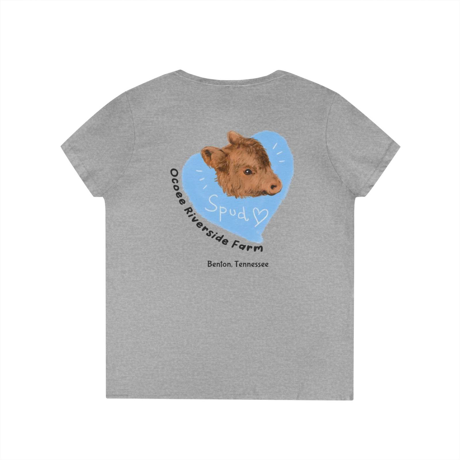 Gray Spud Heart Women’s V-Neck T-Shirt with cow heart design and Ocoee Riverside Farm text on back