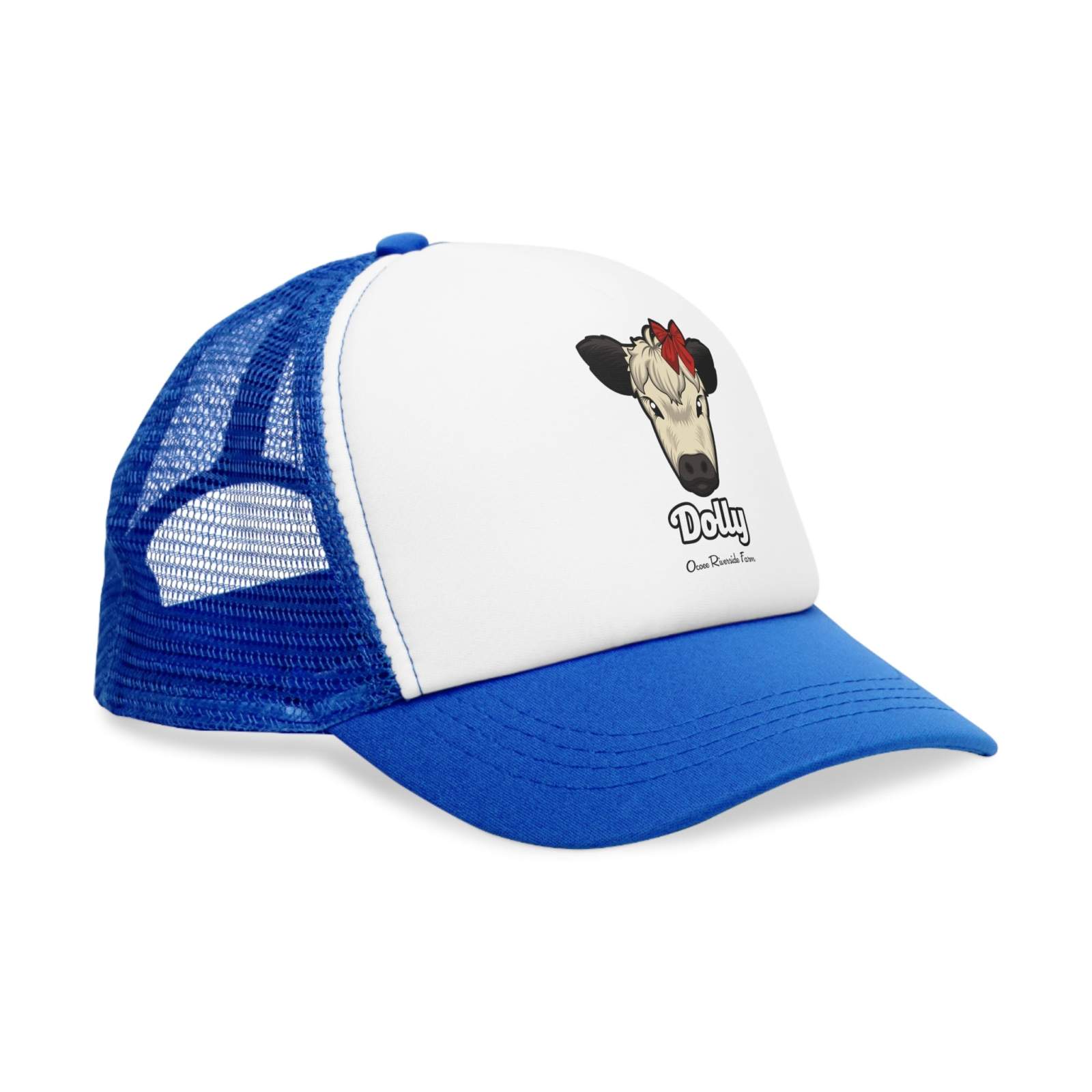 Rustic Farm Trucker Hat with blue mesh back and white front panel featuring a cow with a red bow illustration and adjustable strap closure