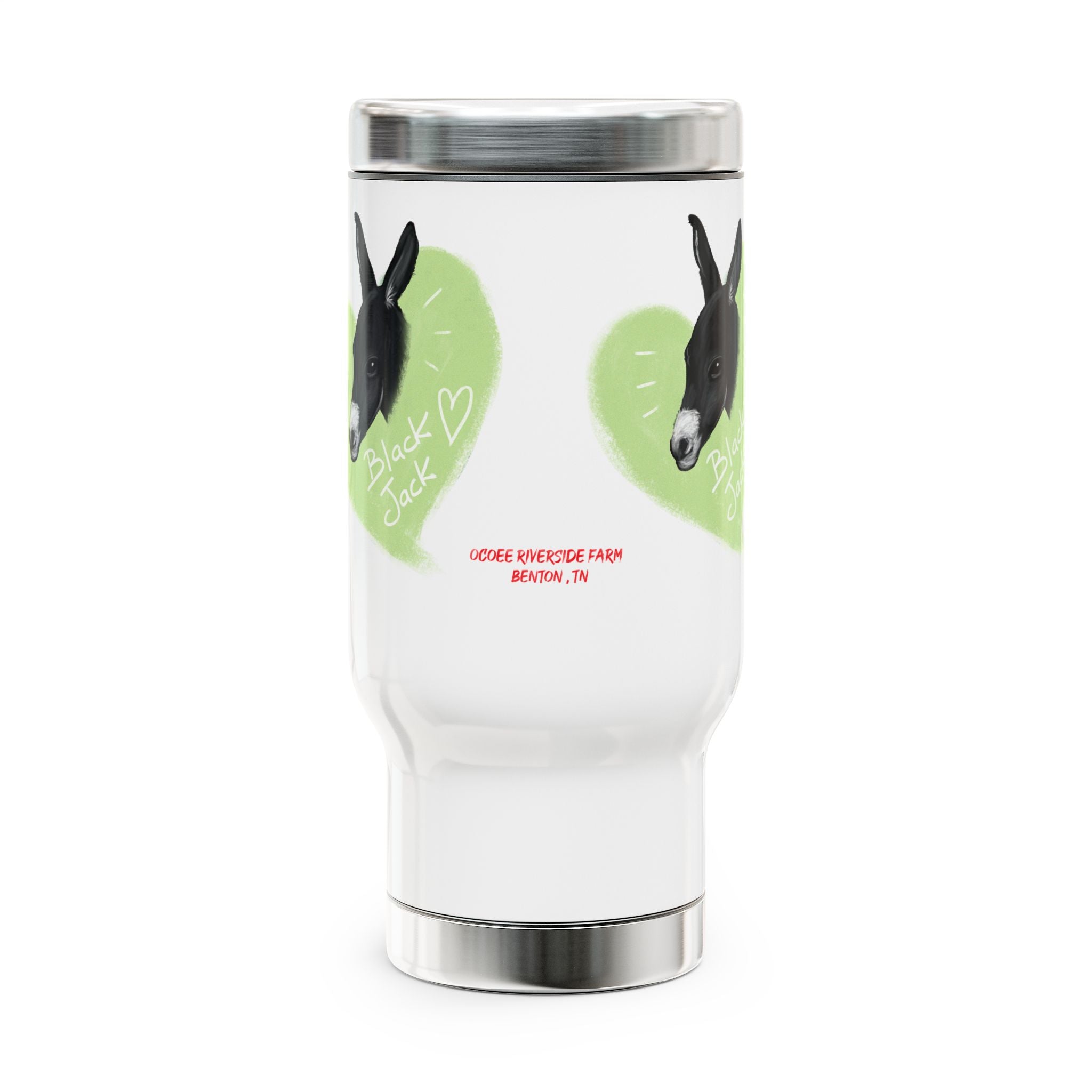 A donkey featuring the words "Black Jack" prominently displayed on its side at Ocoee Riverside Farm Stainless Steel Travel Mug with Handle - 14oz