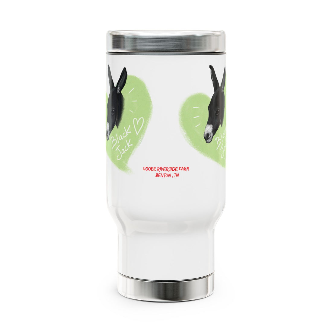 A donkey featuring the words "Black Jack" prominently displayed on its side at Ocoee Riverside Farm Stainless Steel Travel Mug with Handle - 14oz