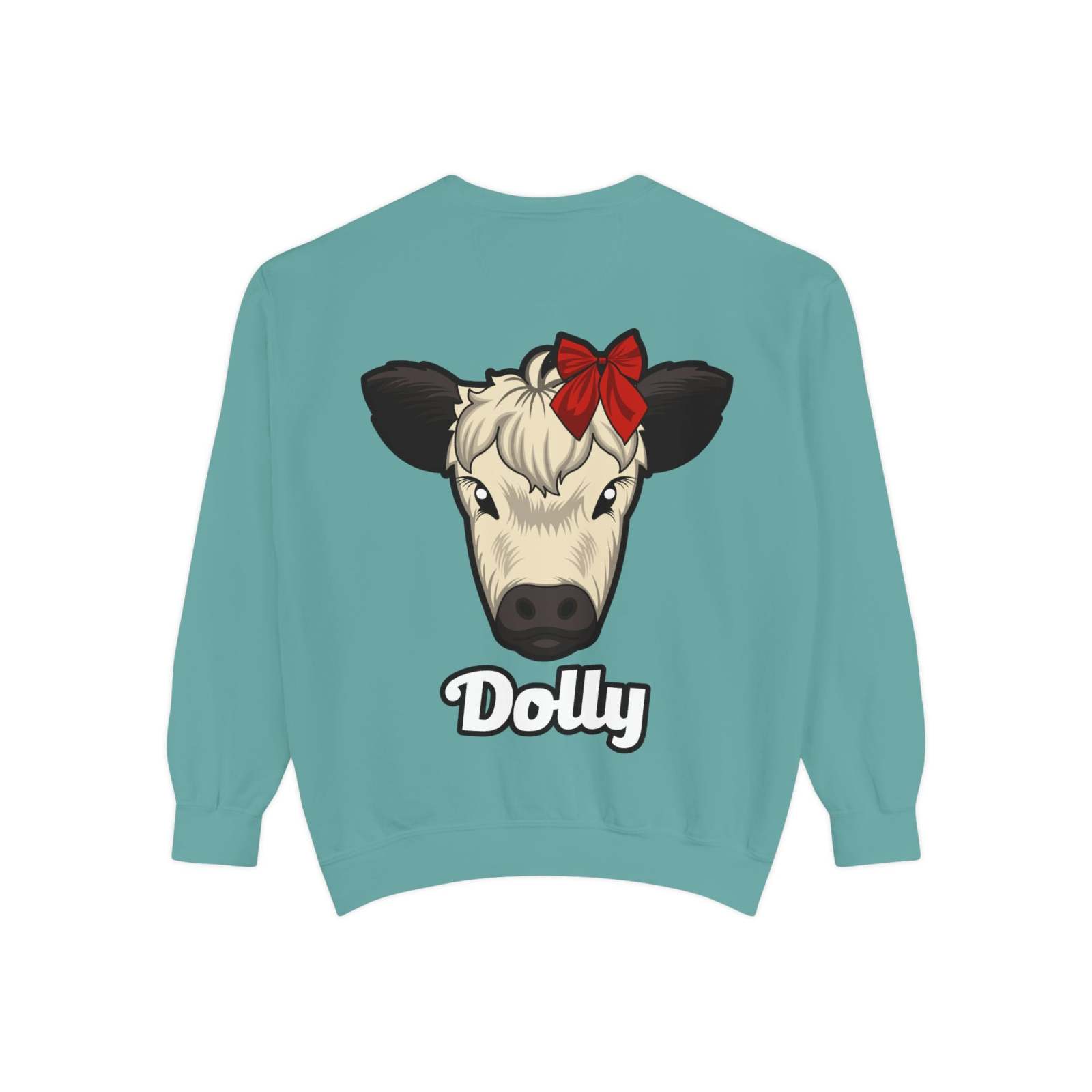 Farmhouse Cow Sweatshirt with Dolly the Red Bow Cow design.