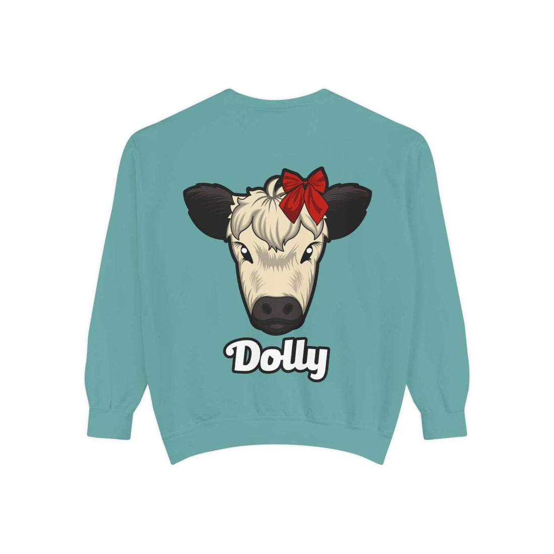 Farmhouse Cow Sweatshirt with Dolly the Red Bow Cow design.