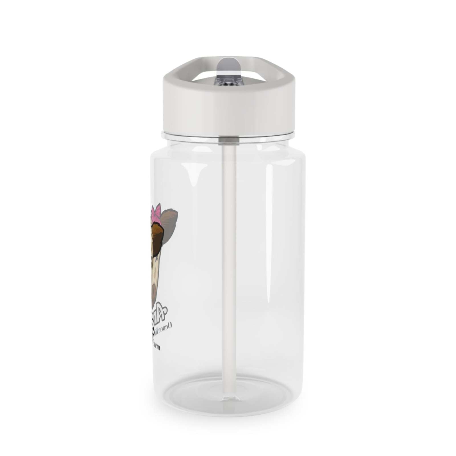 Clear farm animal water bottle with white lid and built-in straw, BPA-free and spill-resistant design