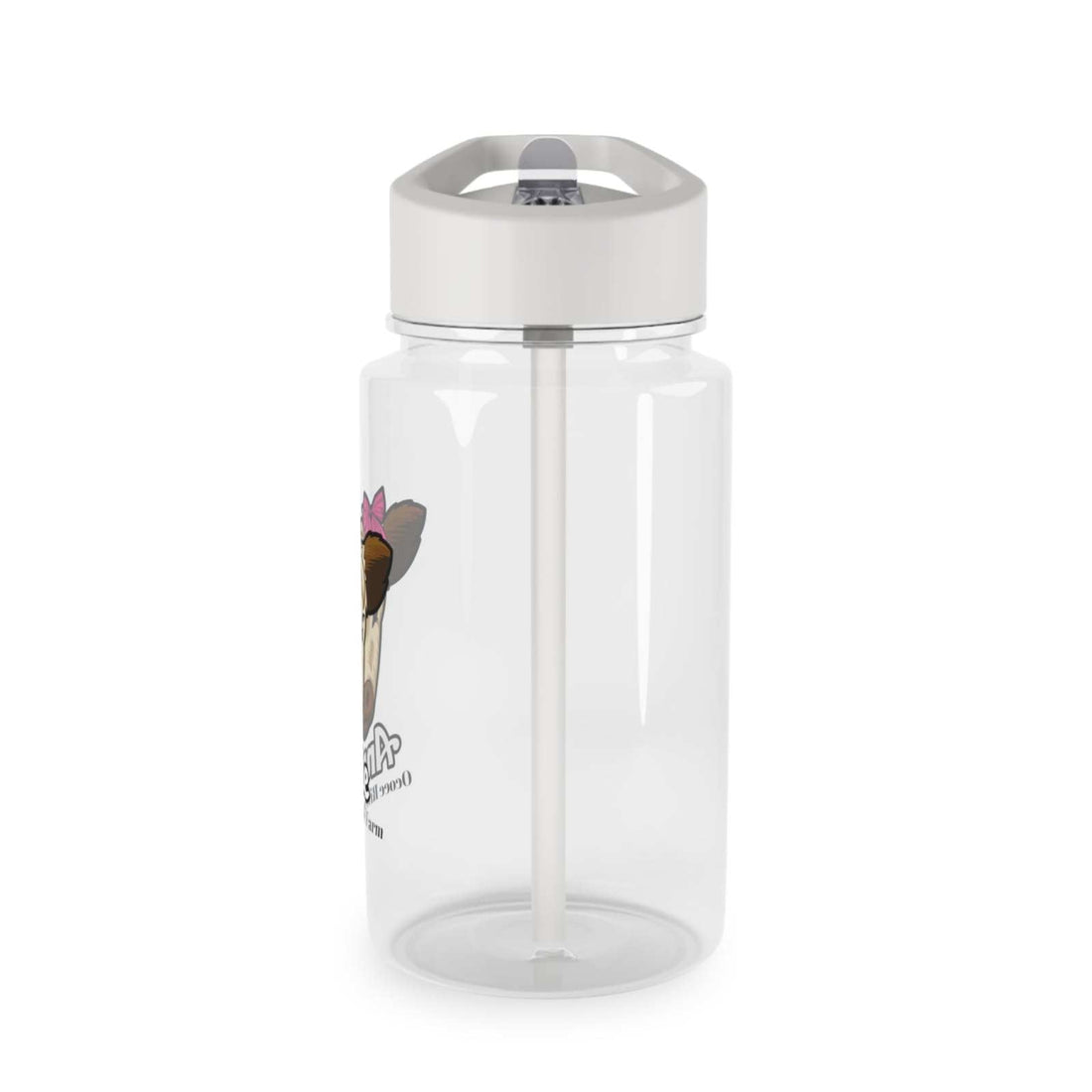 Clear farm animal water bottle with white lid and built-in straw, BPA-free and spill-resistant design