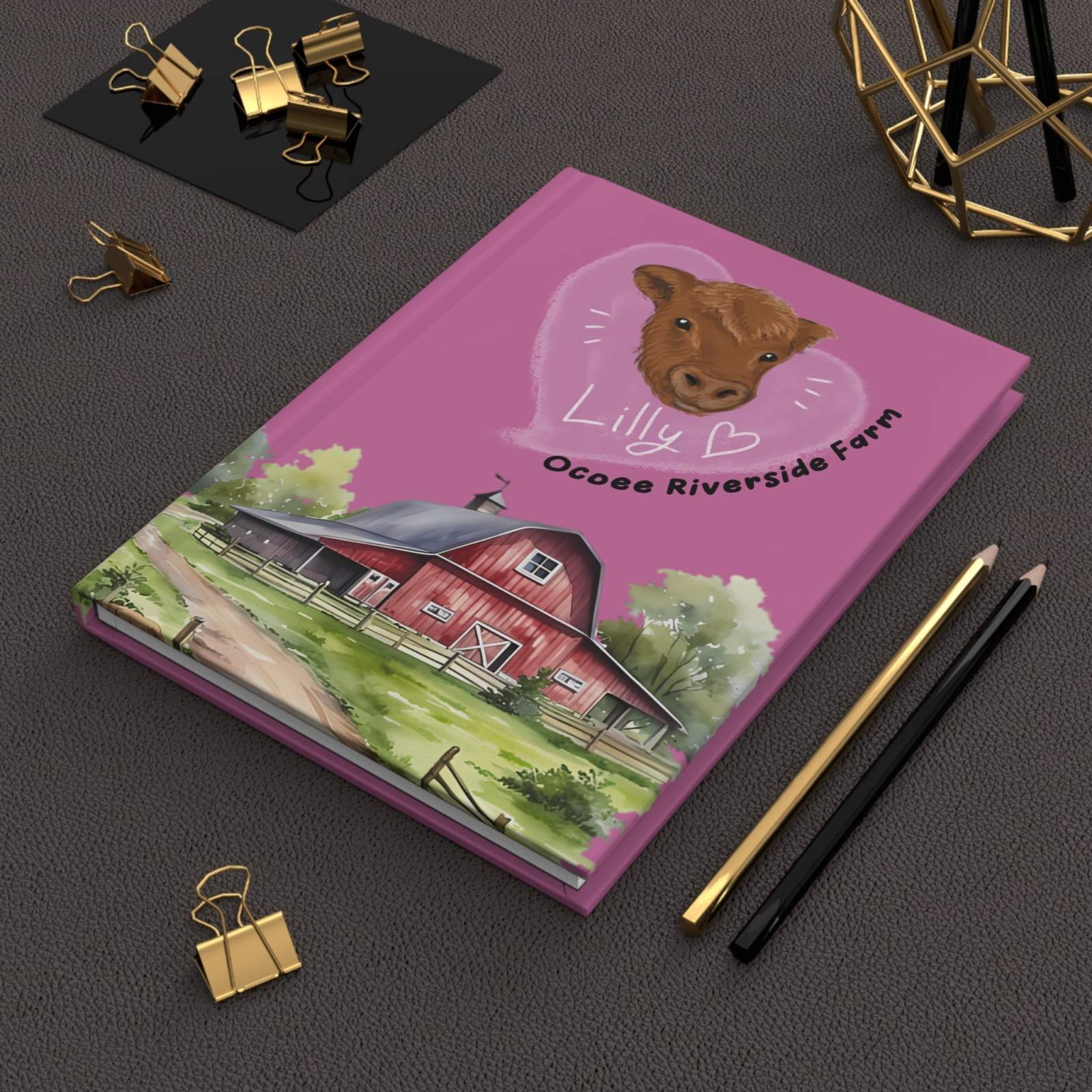 Hardcover Adorable Cow Journal with a purple cover featuring a cow illustration and a red barn farm scene, perfect farmhouse gift for animal lovers