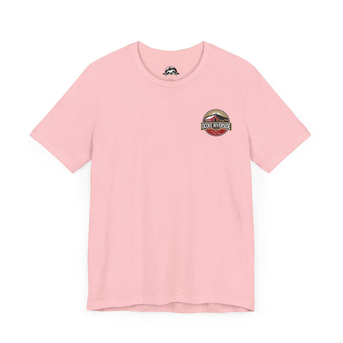 Pink Country Cow Graphic Tee with small scenic cow emblem and red bow detail on chest