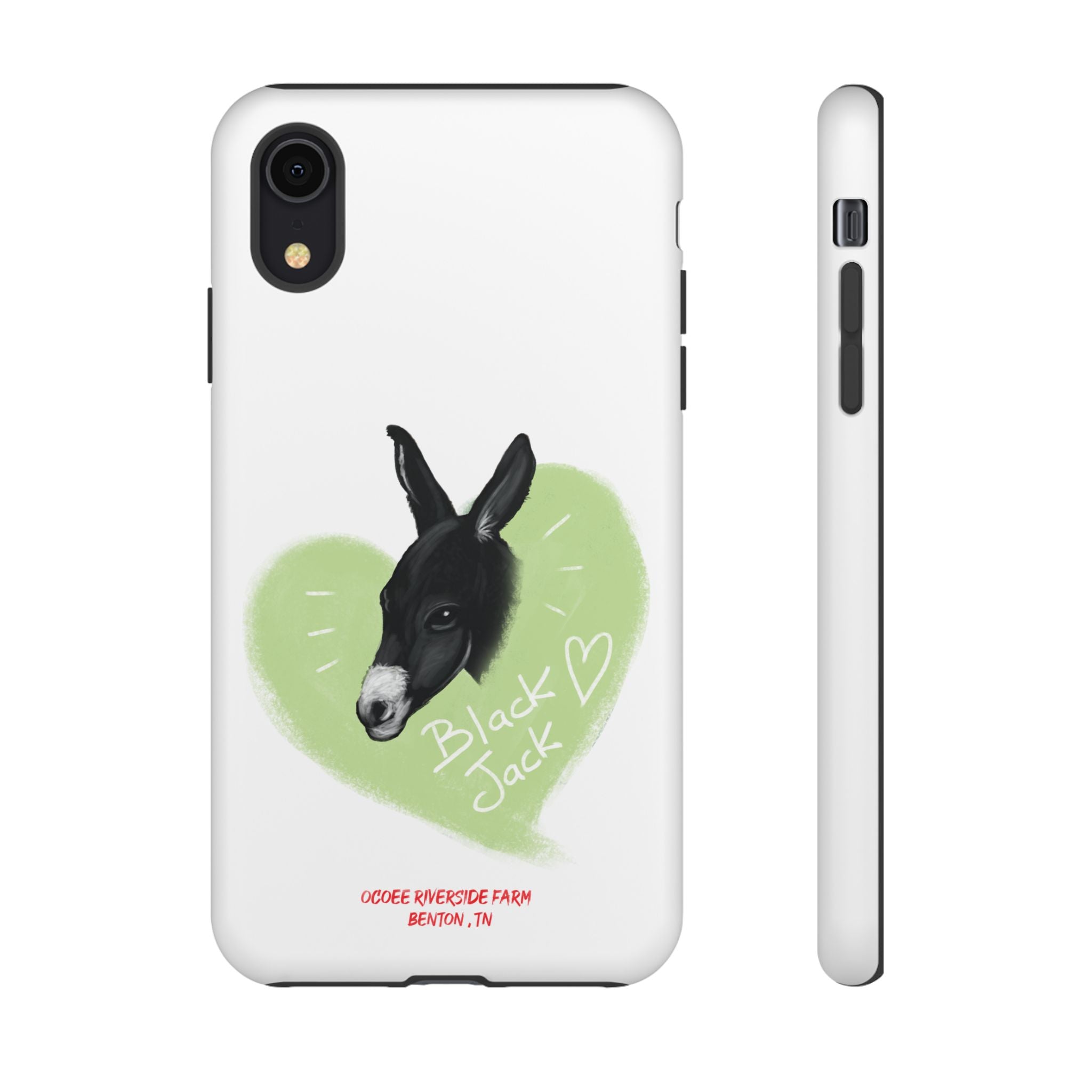 A donkey featuring the words "Black Jack" prominently displayed on its side at Ocoee Riverside Farm Phone Case