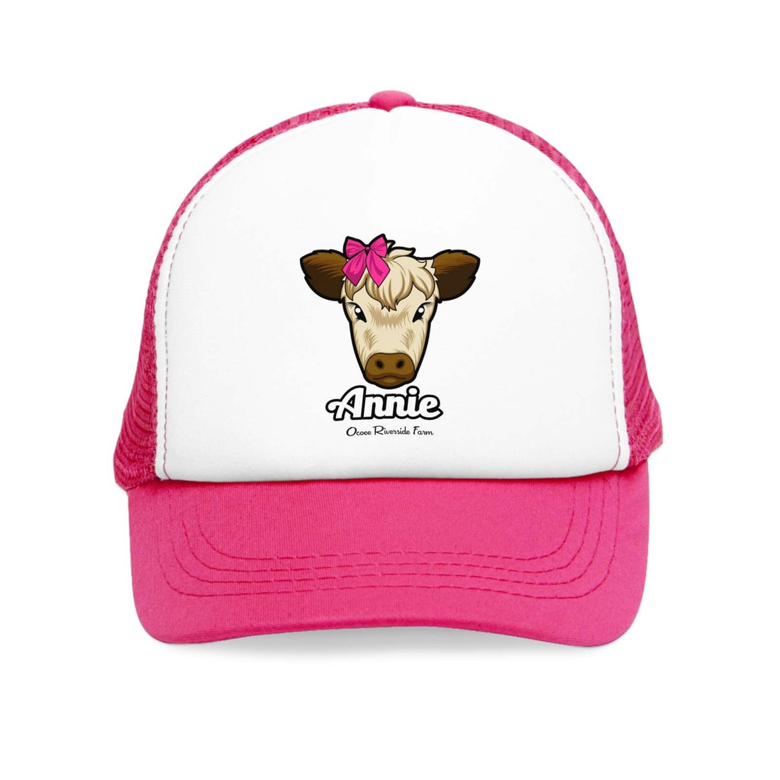 Farmhouse trucker cap with Annie the cow design, pink mesh back, and red bow for country charm.