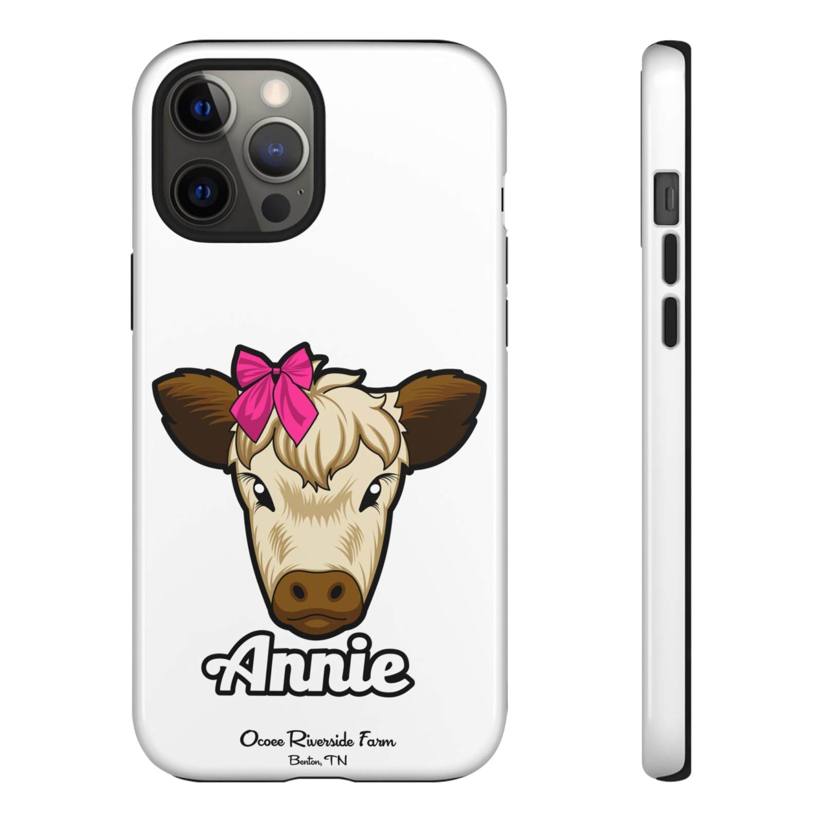 Cute Annie the Cow phone case with red bow, perfect farm animal lover gift.