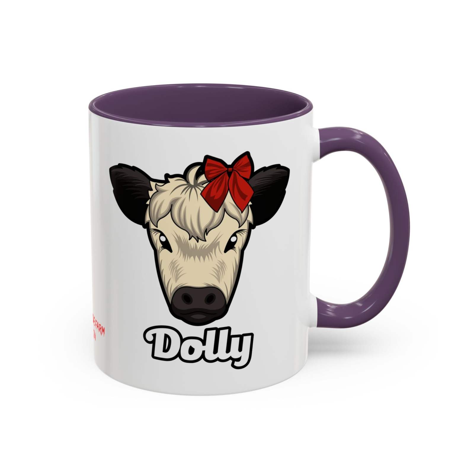 Farm Animal Coffee Mug featuring Dolly the cow with a red bow, purple handle and interior, ceramic, microwave-safe and dishwasher-safe.