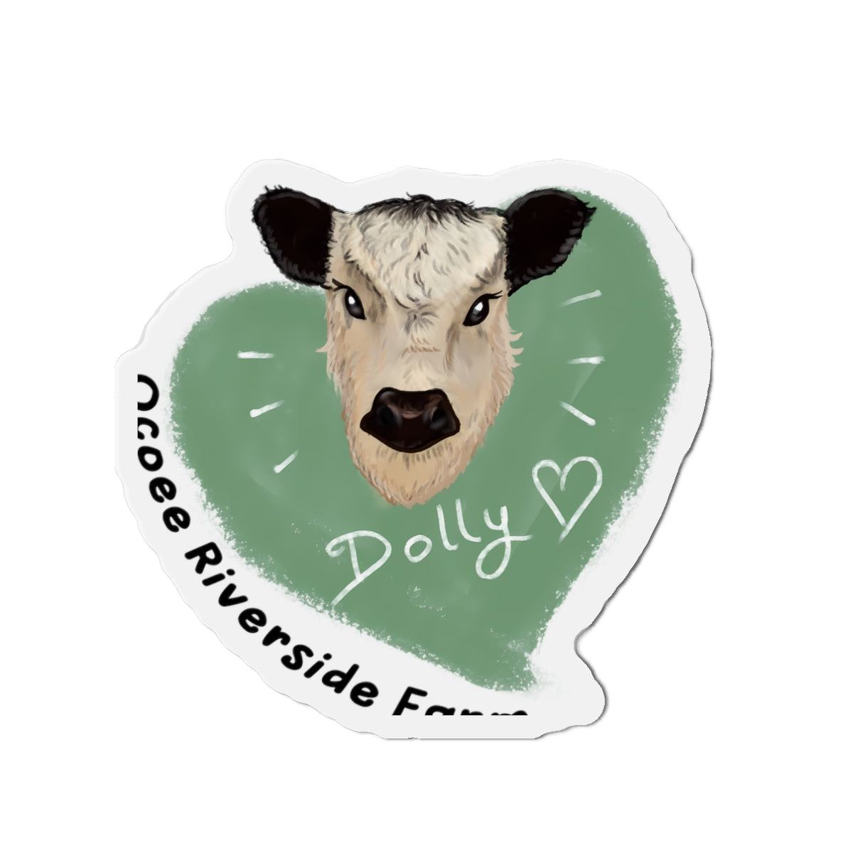 Cute Cow Die-Cut Magnet with cow face illustration on green heart background for farmhouse decor