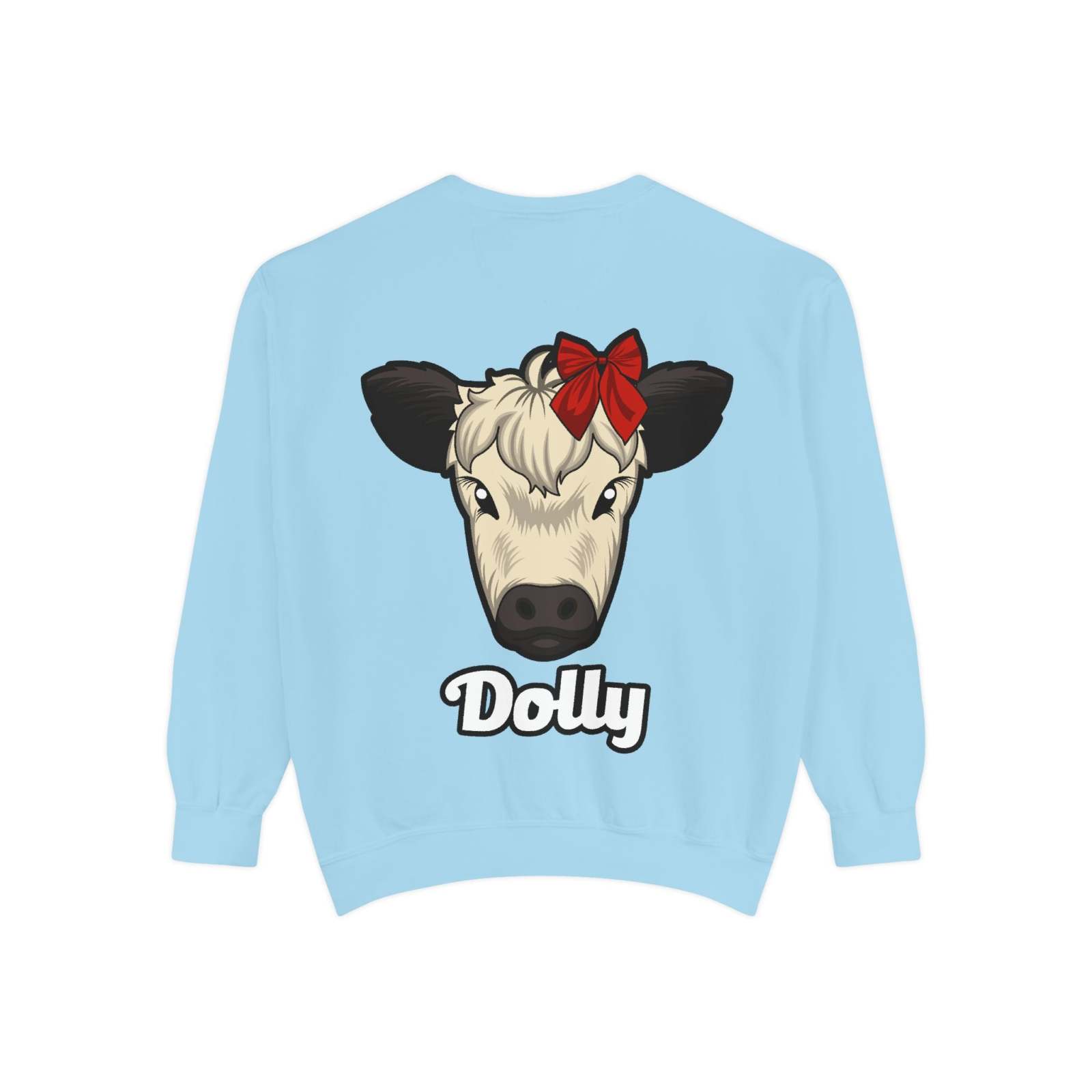 Farmhouse Cow Sweatshirt featuring Dolly the Red Bow Cow graphic on light blue background.