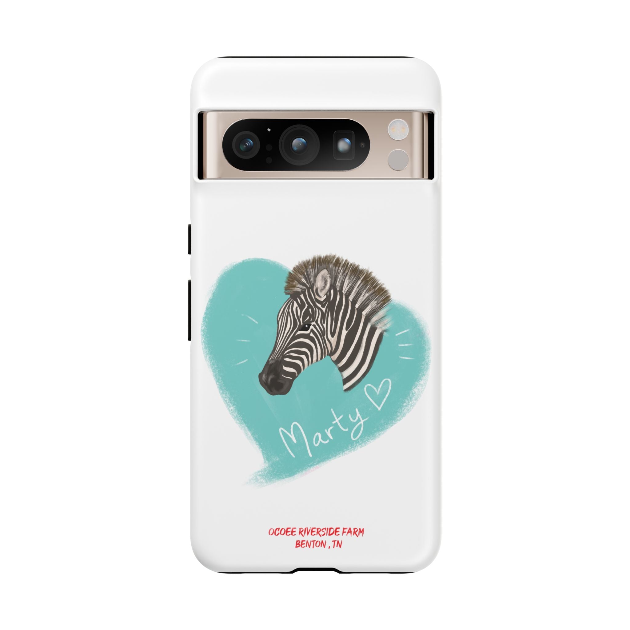 A zebra adorned with the word "Marty" creatively integrated into its stripes at Ocoee Riverside Farm Phone Case
