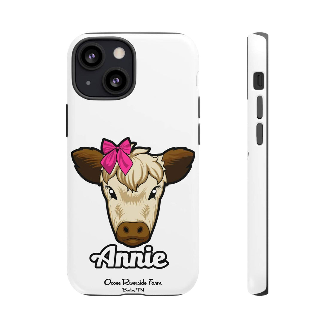 Cute cow phone case with red bow, perfect farm animal lover gift.