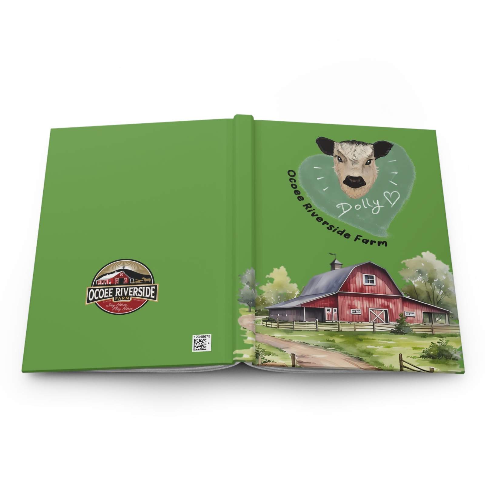 Country Farm-Themed Journal with green matte cover featuring Ocoee Riverside Farm barn and cow illustration
