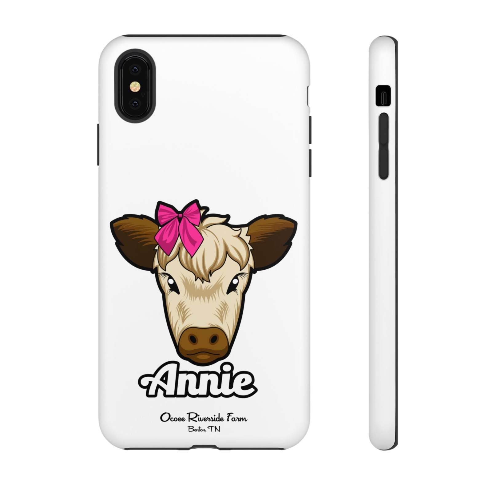 Cute Annie the Cow phone case with red bow, ideal farm animal lover gift.
