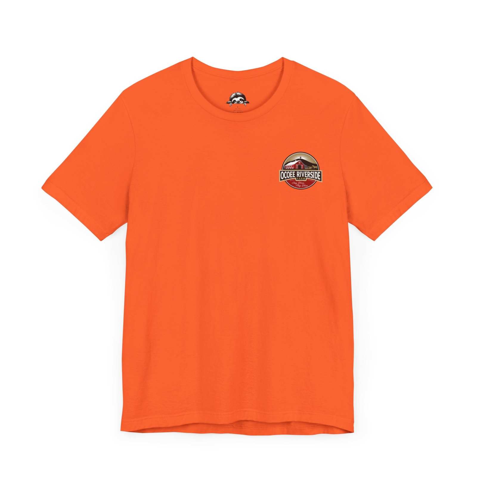 Orange Farm Life T-Shirt with Annie the Cow design and Ocoee Riverside logo.