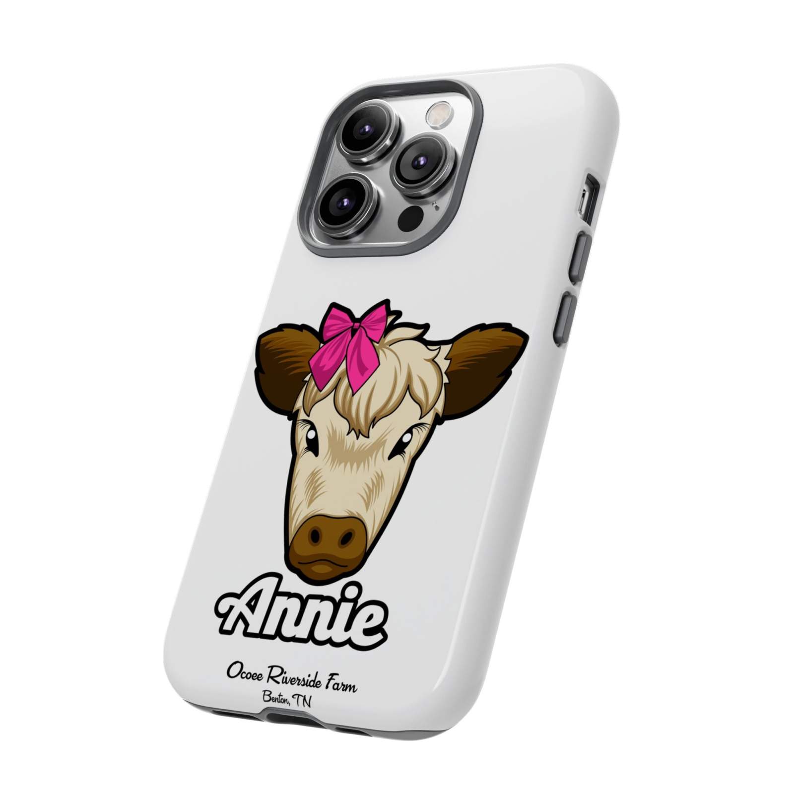 Cute cow phone case with red bow, perfect farm animal lover gift, durable and stylish.