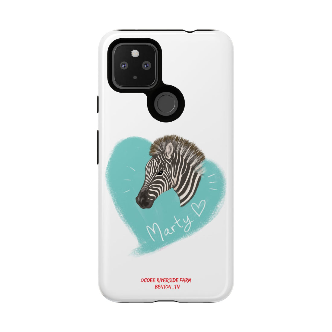 A zebra adorned with the word "Marty" creatively integrated into its stripes at Ocoee Riverside Farm Phone Case