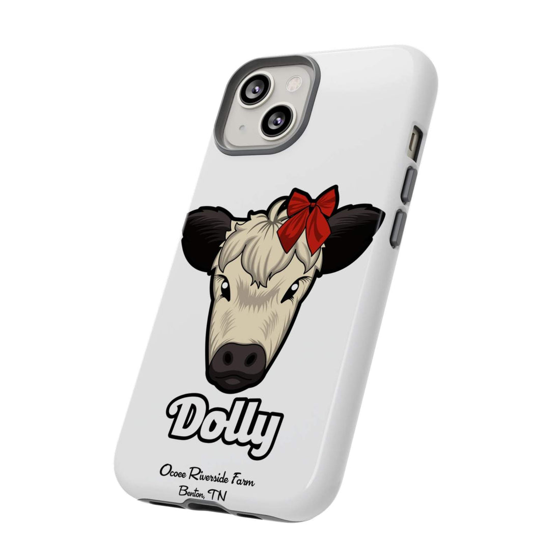 Farmhouse Chic Phone Case with Dolly the Red Bow Cow design, rustic elegance, durable protection.