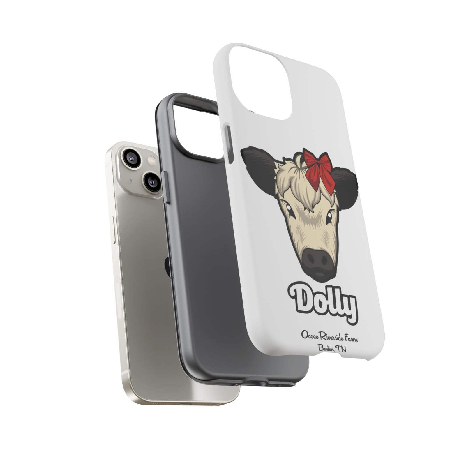 Farmhouse Chic Phone Case with Dolly the Adorable Red Bow Cow design.