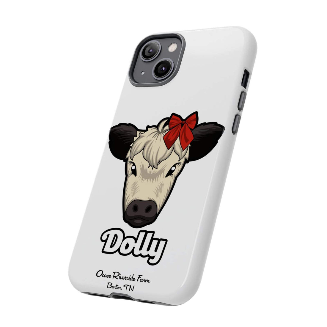 Farmhouse Chic Phone Case with Dolly the Cow and Red Bow design.