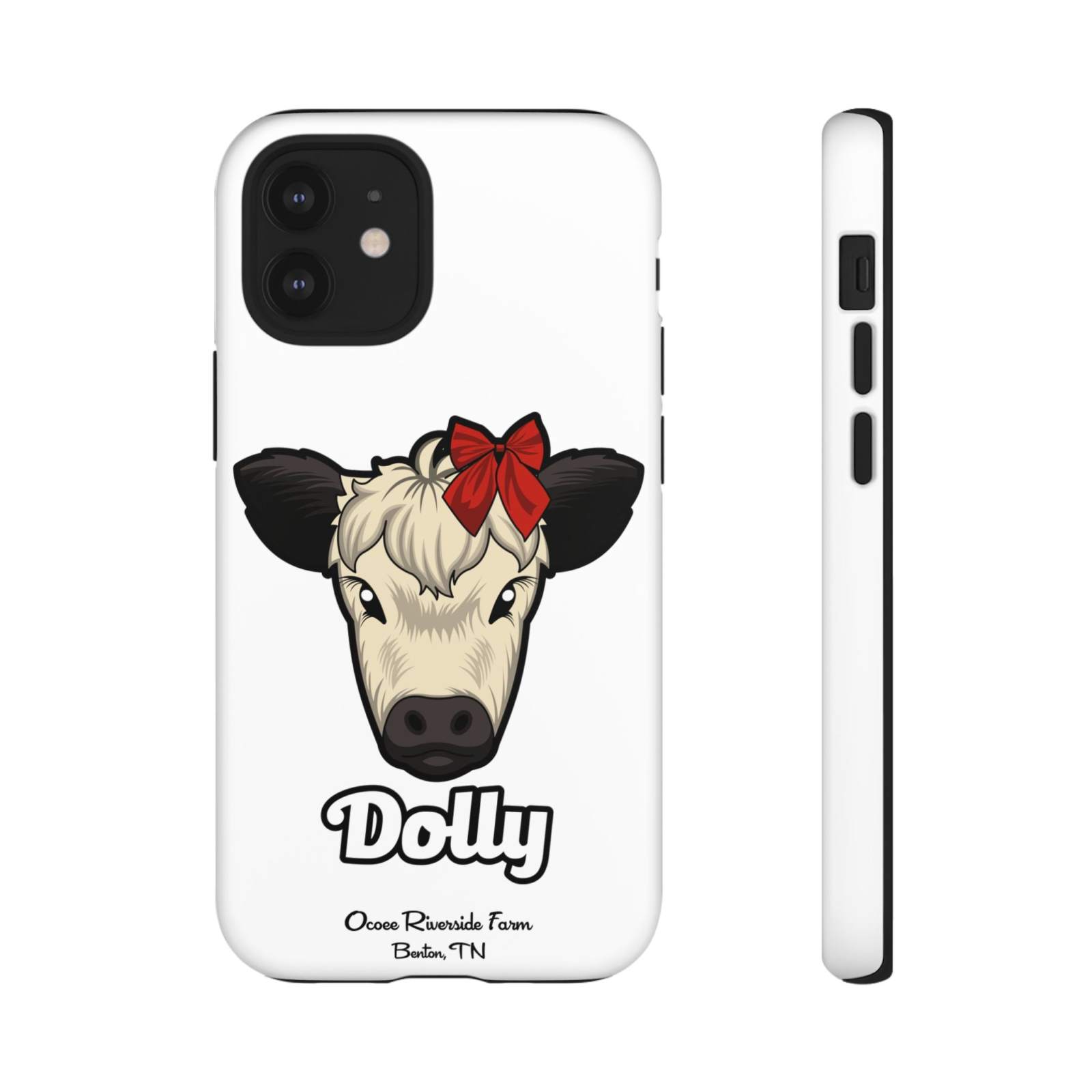 Farmhouse Chic Phone Case featuring Dolly the cow with a red bow, durable protective design with rustic country charm.