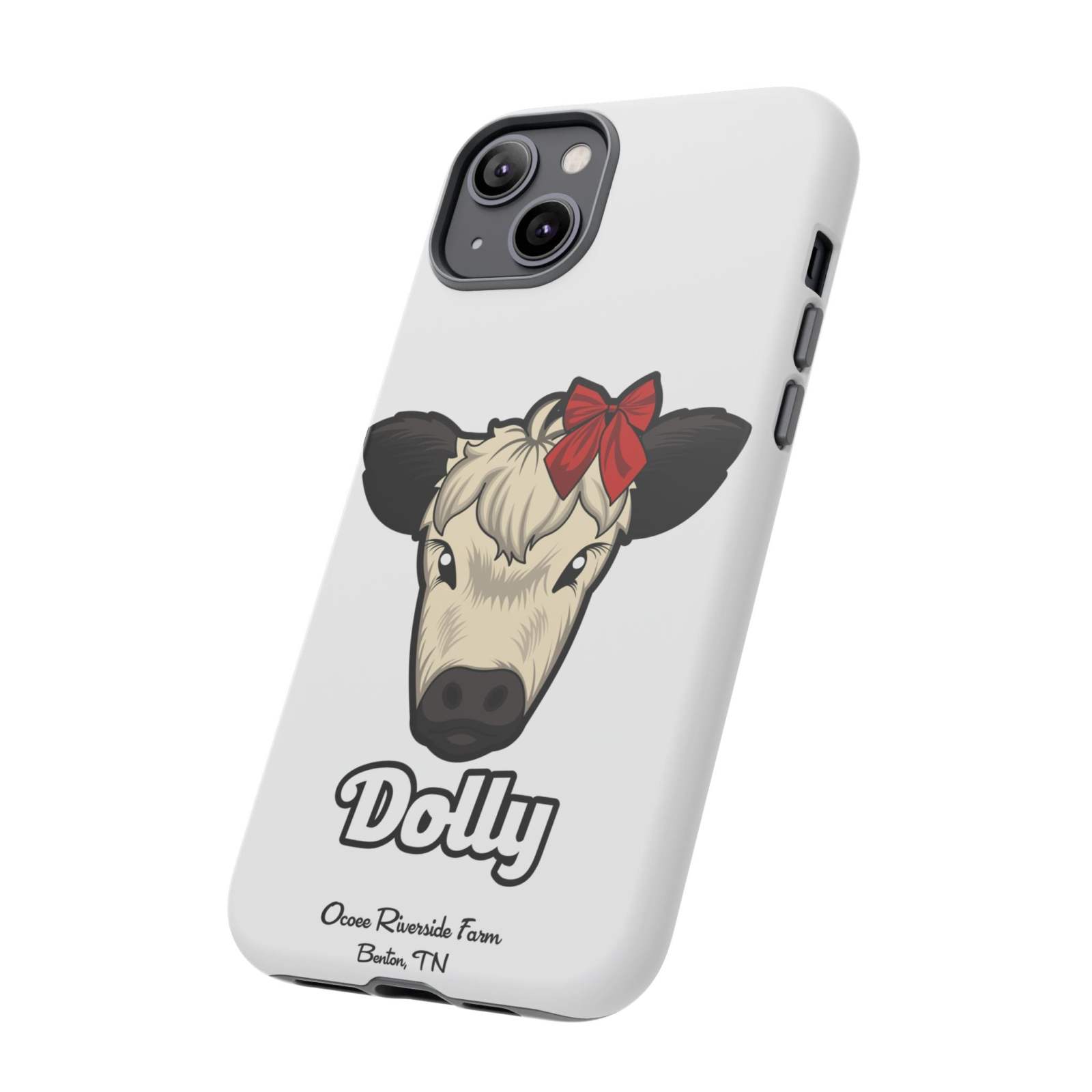 Farmhouse Chic Phone Case featuring Dolly the cow with a red bow, showcasing rustic charm and modern protection.