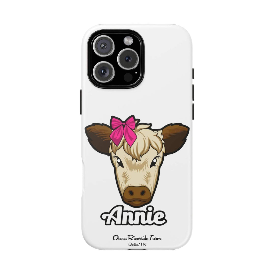 Cute Annie the Cow phone case with red bow, perfect farm animal lover gift.