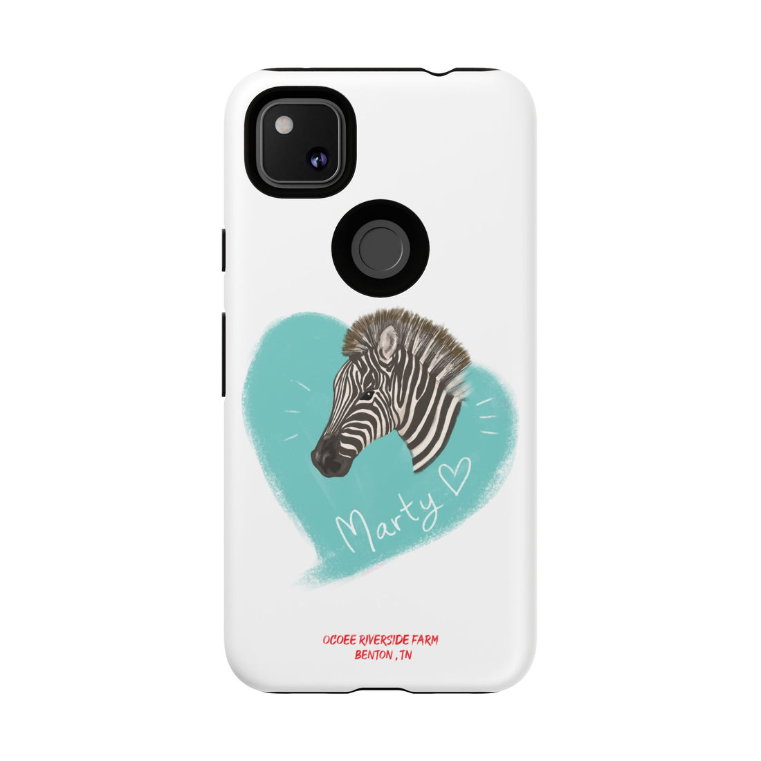 A zebra adorned with the word "Marty" creatively integrated into its stripes at Ocoee Riverside Farm Phone Case
