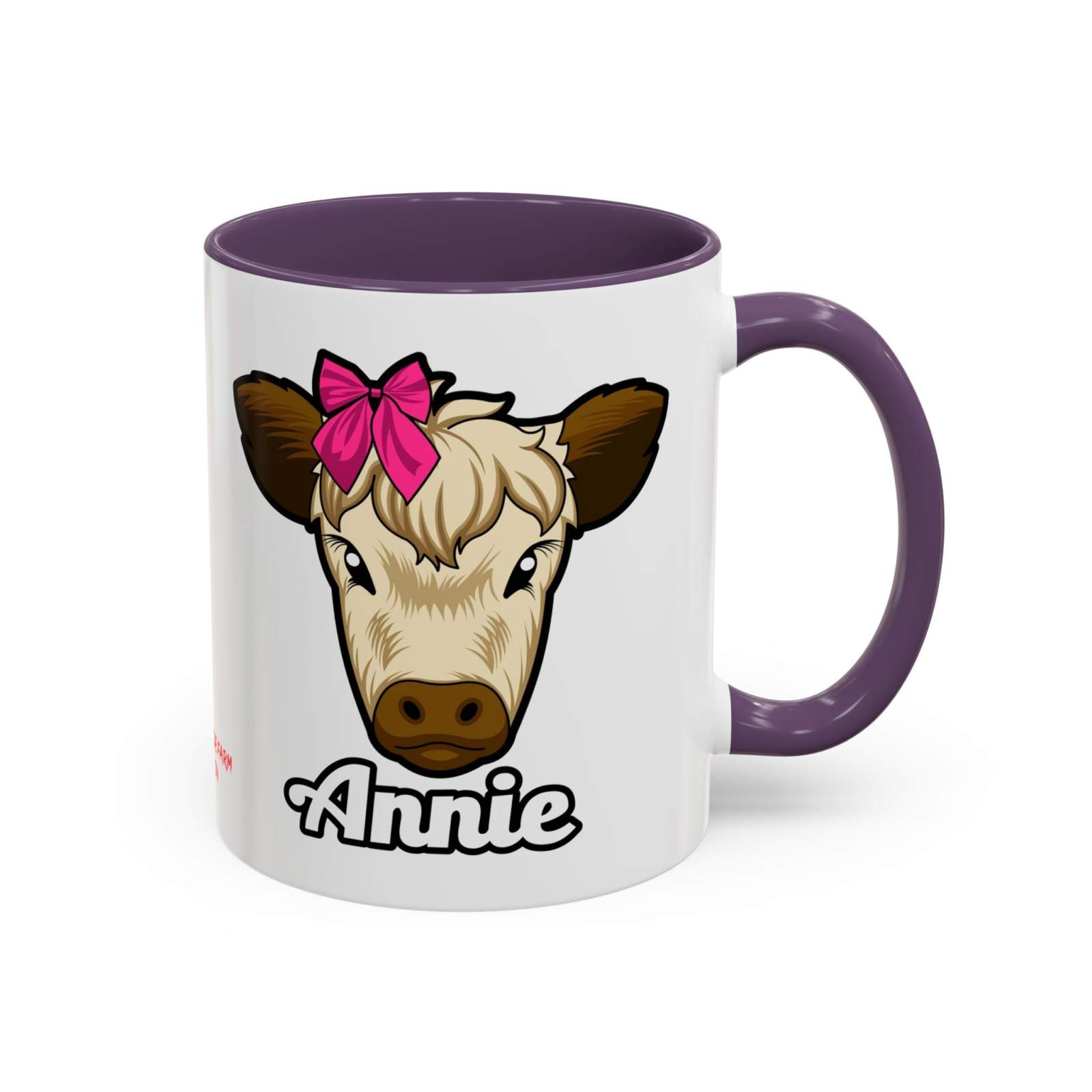 Farmhouse cow coffee mug with red bow design, perfect for country-style décor.