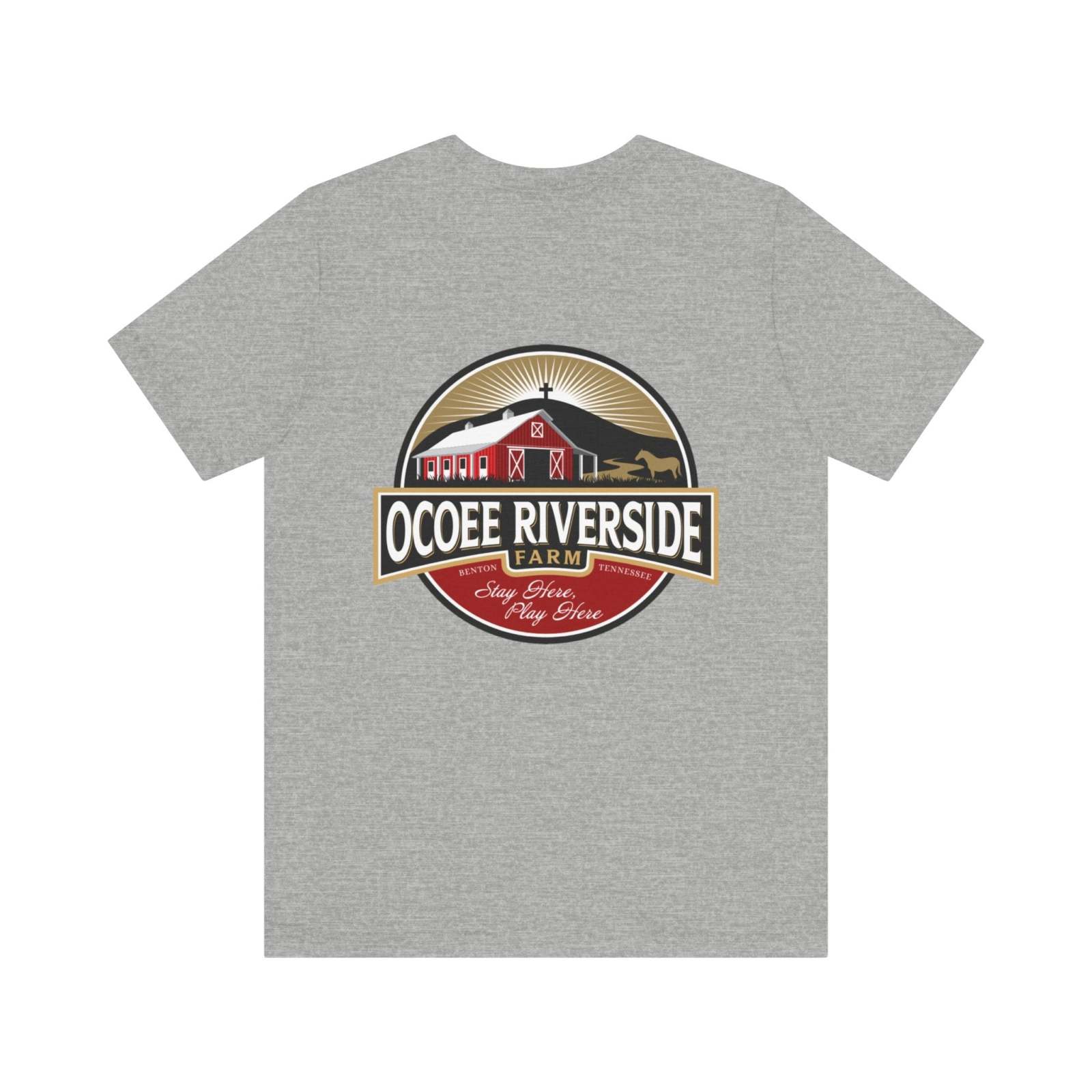 Gray unisex t-shirt with Ocoee Riverside Farm logo featuring a barn and horse design