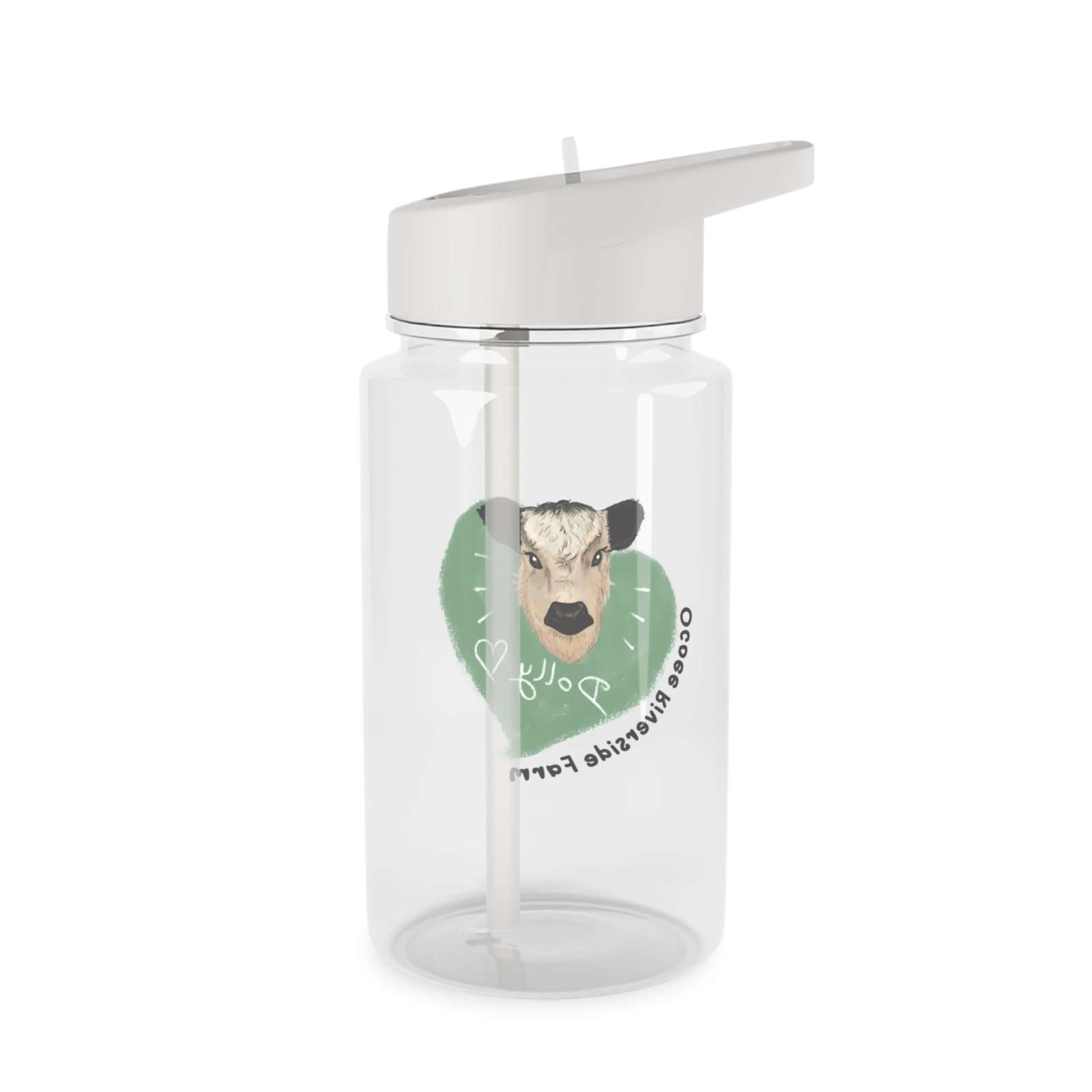 Clear farm-themed water bottle with cow design and white straw lid, BPA-free and spill-resistant.