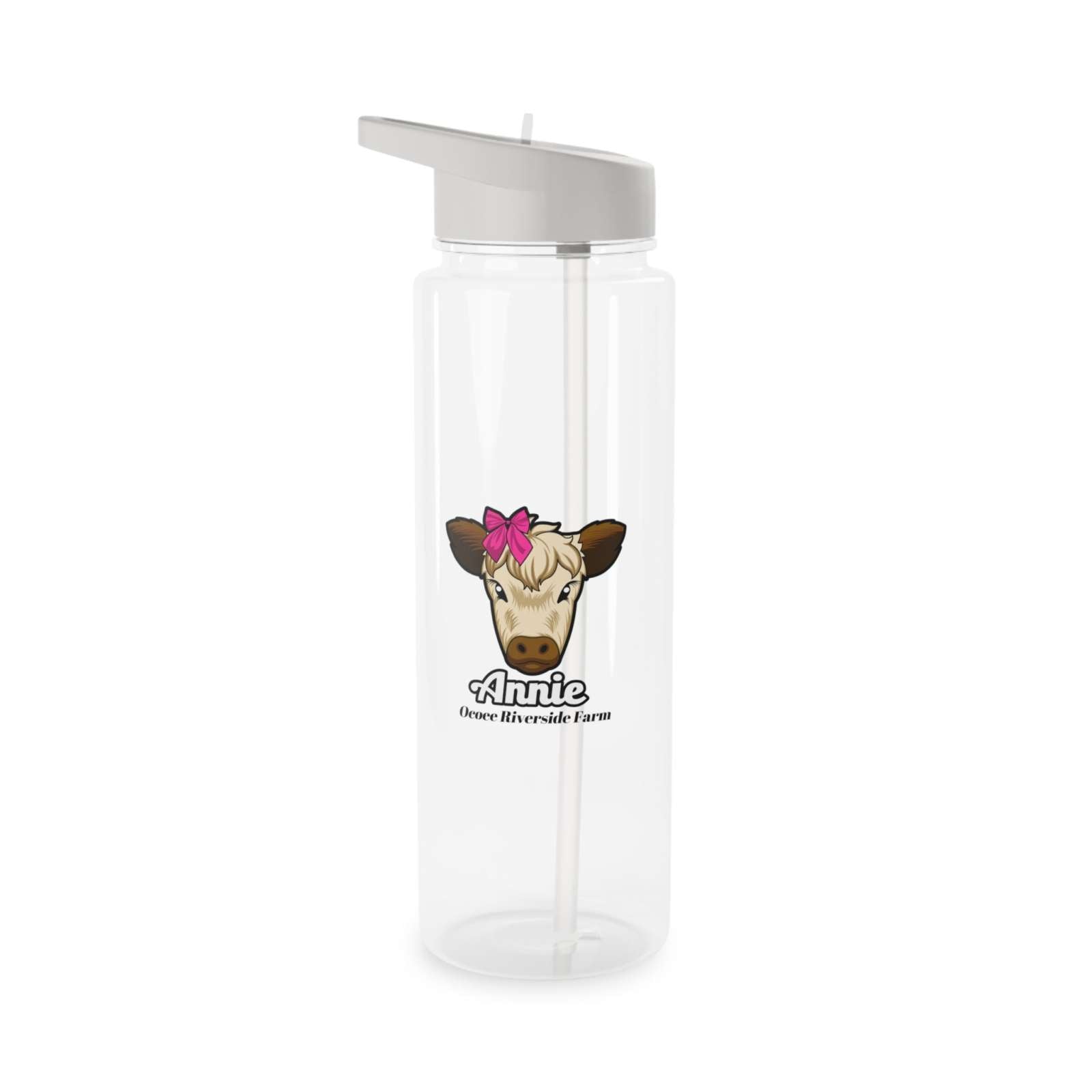 Clear farm animal water bottle with cow illustration, spill-resistant lid, and foldable straw, BPA-free and eco-friendly.