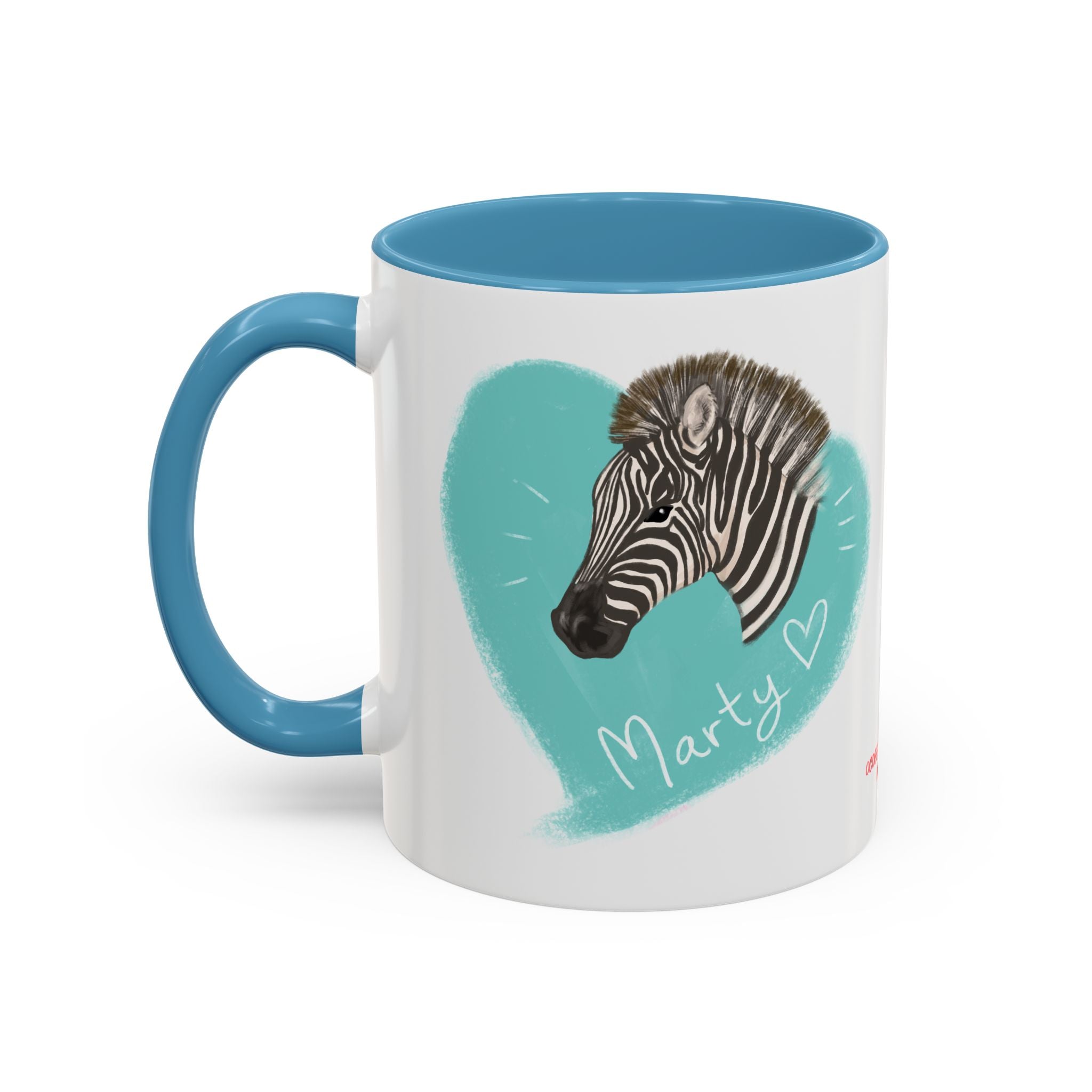 A zebra adorned with the word "Marty" creatively integrated into its stripes at Ocoee Riverside Farm Coffee Mug