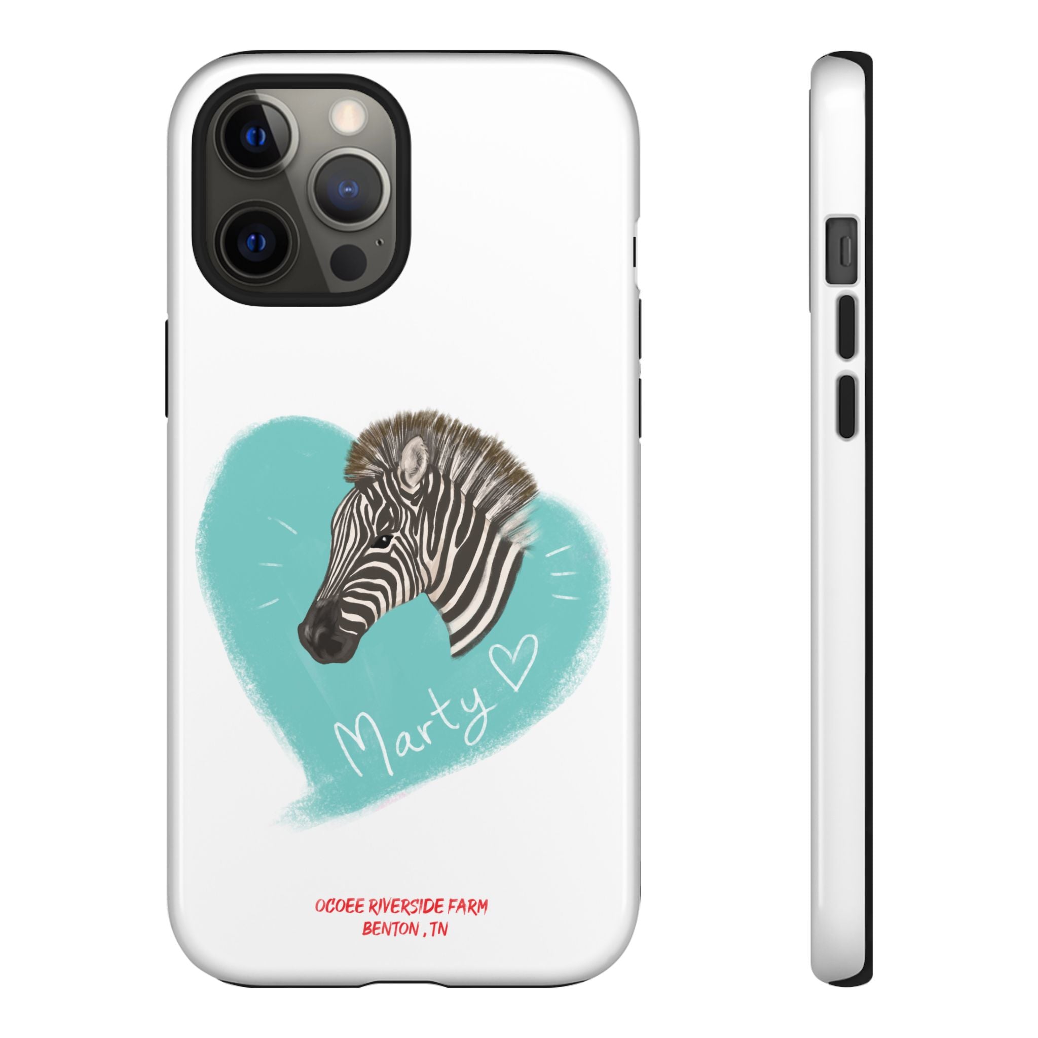 A zebra adorned with the word "Marty" creatively integrated into its stripes at Ocoee Riverside Farm Phone Case