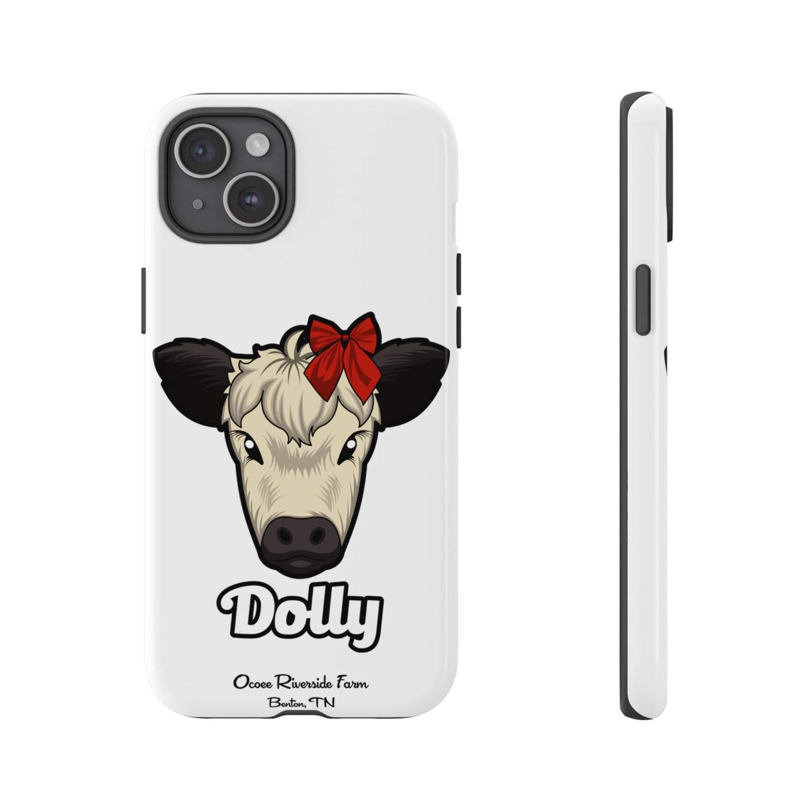 White farmhouse chic phone case featuring a cartoon cow with a red bow and Dolly text design.