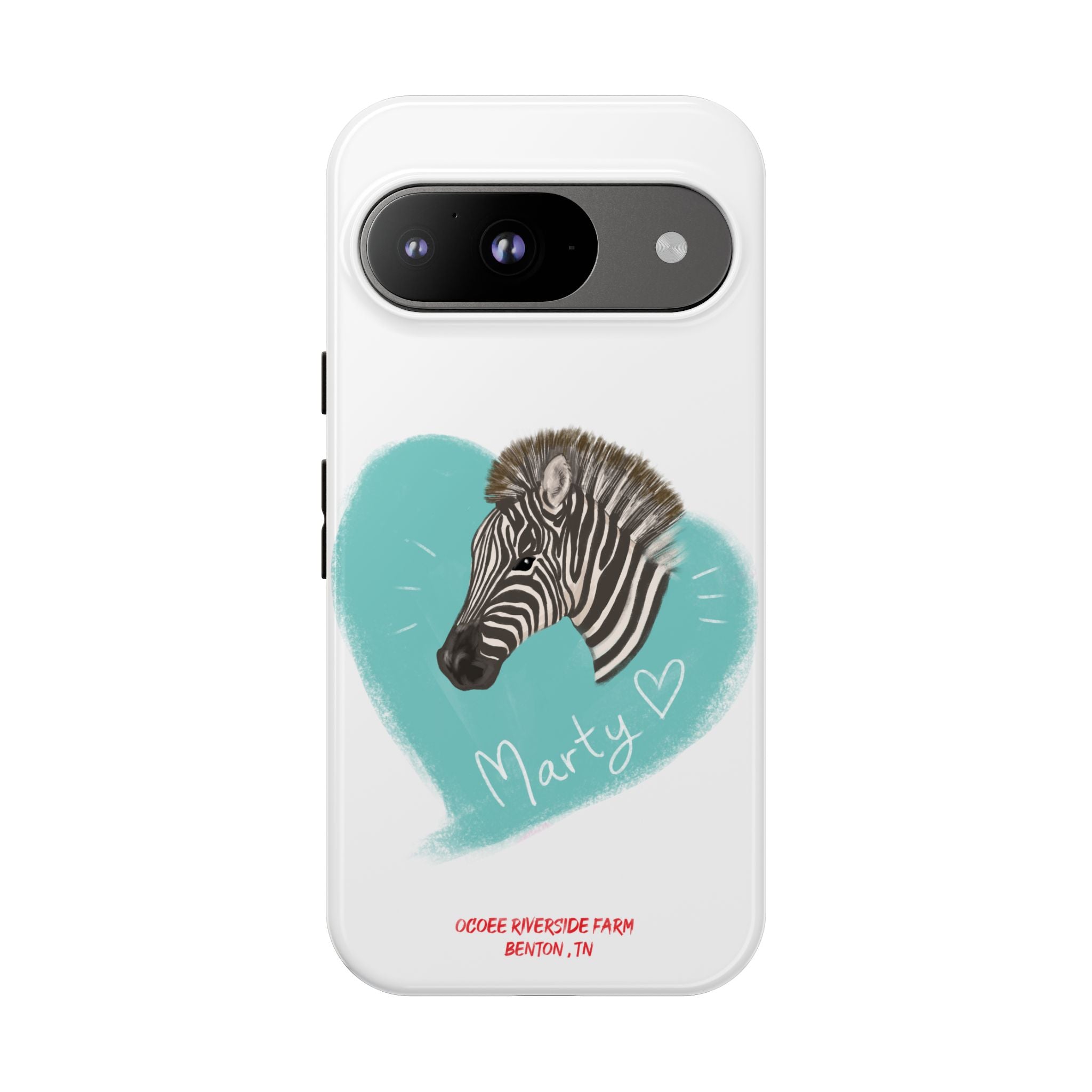 A zebra adorned with the word "Marty" creatively integrated into its stripes at Ocoee Riverside Farm Phone Case