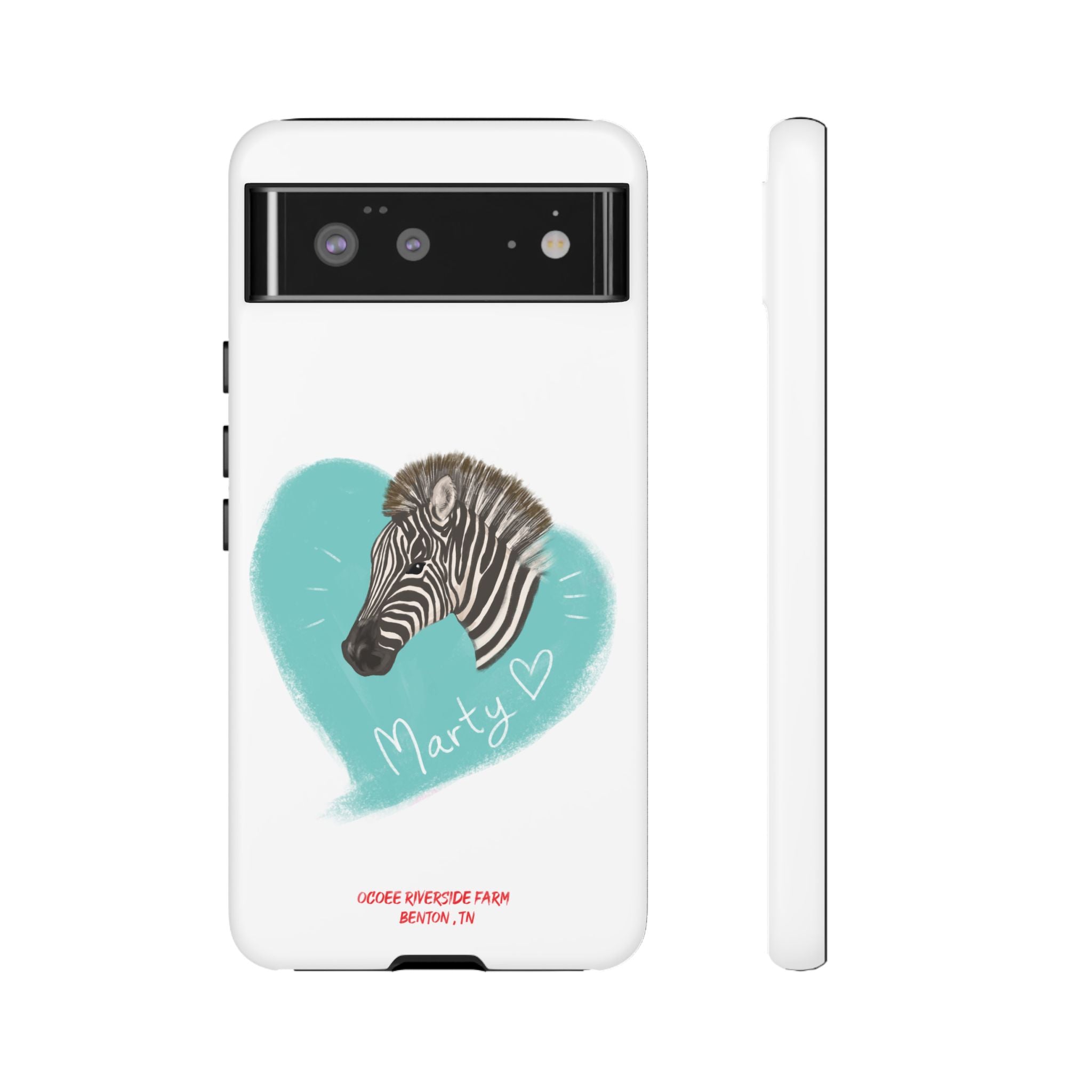 A zebra adorned with the word "Marty" creatively integrated into its stripes at Ocoee Riverside Farm Phone Case