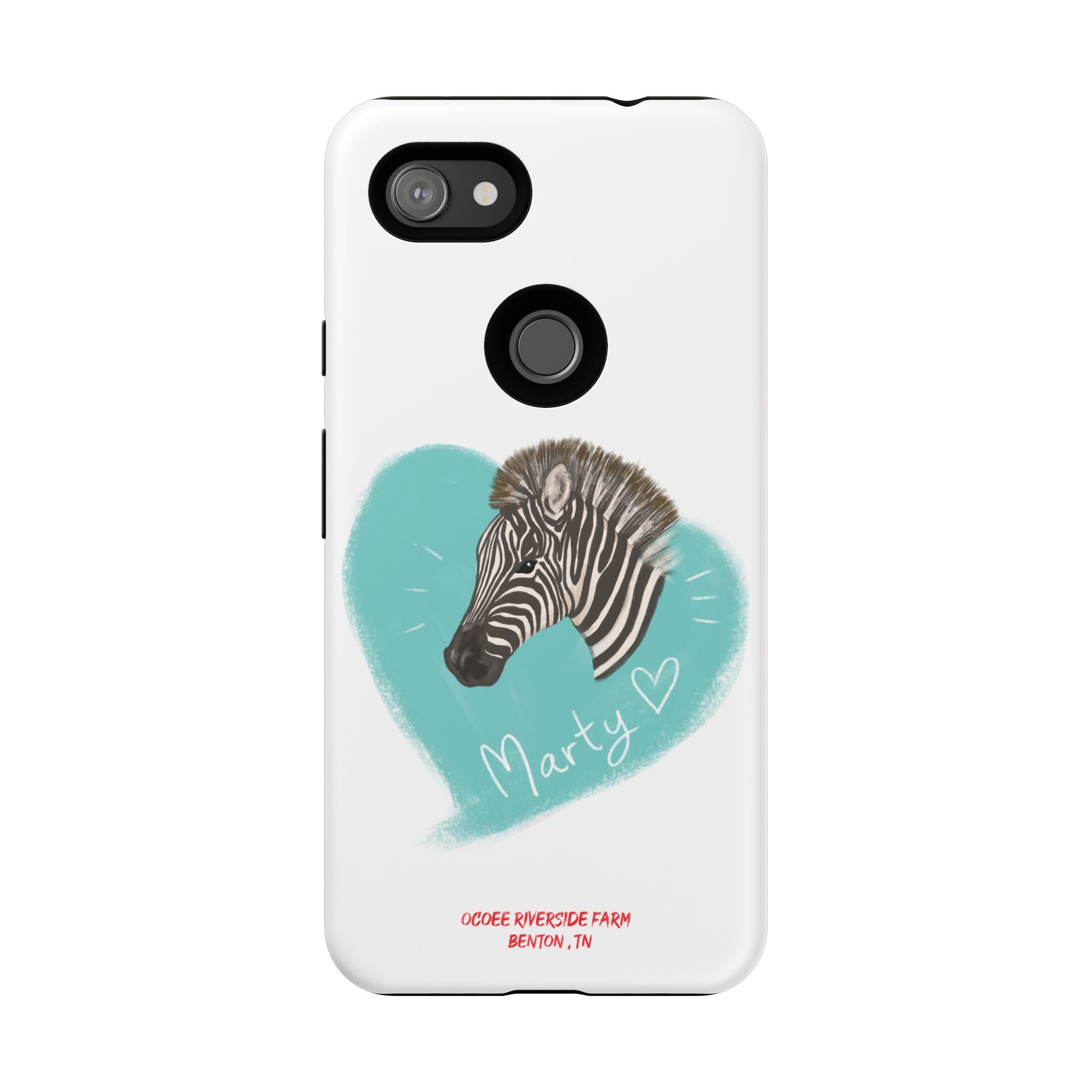 A zebra adorned with the word "Marty" creatively integrated into its stripes at Ocoee Riverside Farm Phone Case