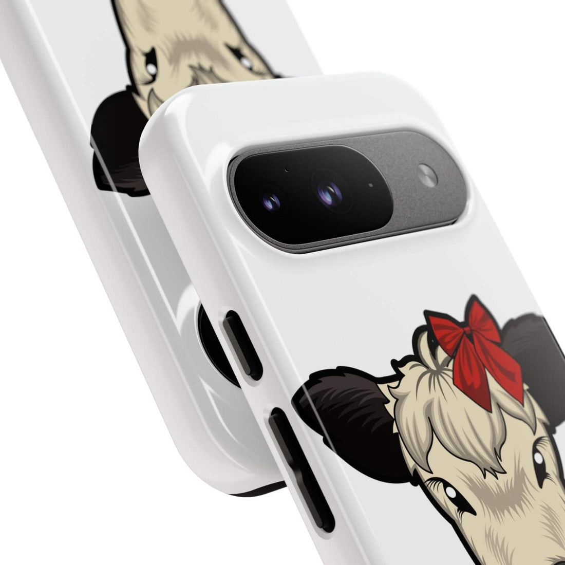 Farmhouse Chic Phone Case featuring Dolly the Cow with a red bow, rustic and protective design.