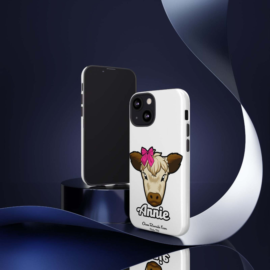 Cute cow phone case with red bow design, perfect farm animal lover gift, durable and wireless charging compatible.