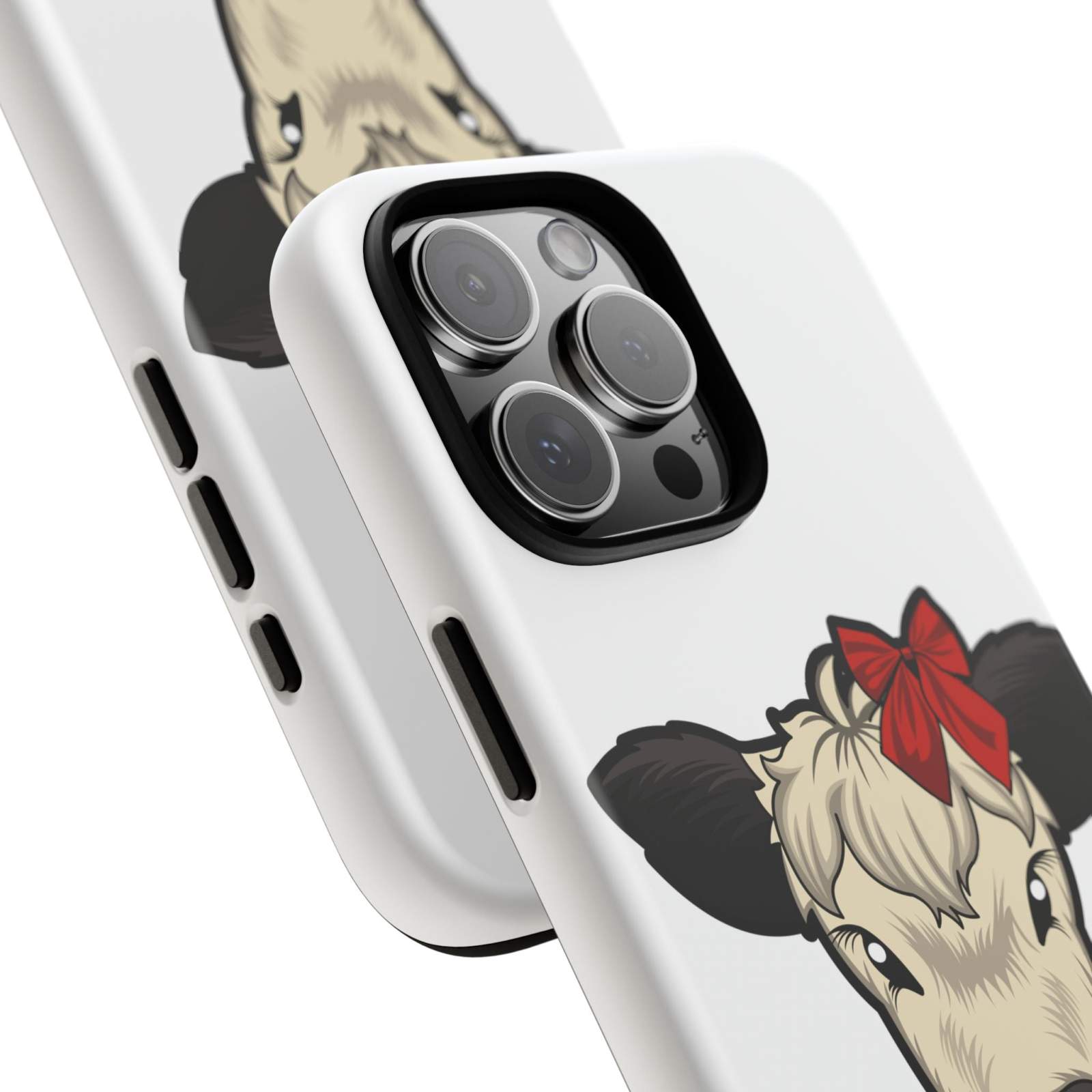 Farmhouse Chic Phone Case with red bow cow design for modern rustic style.