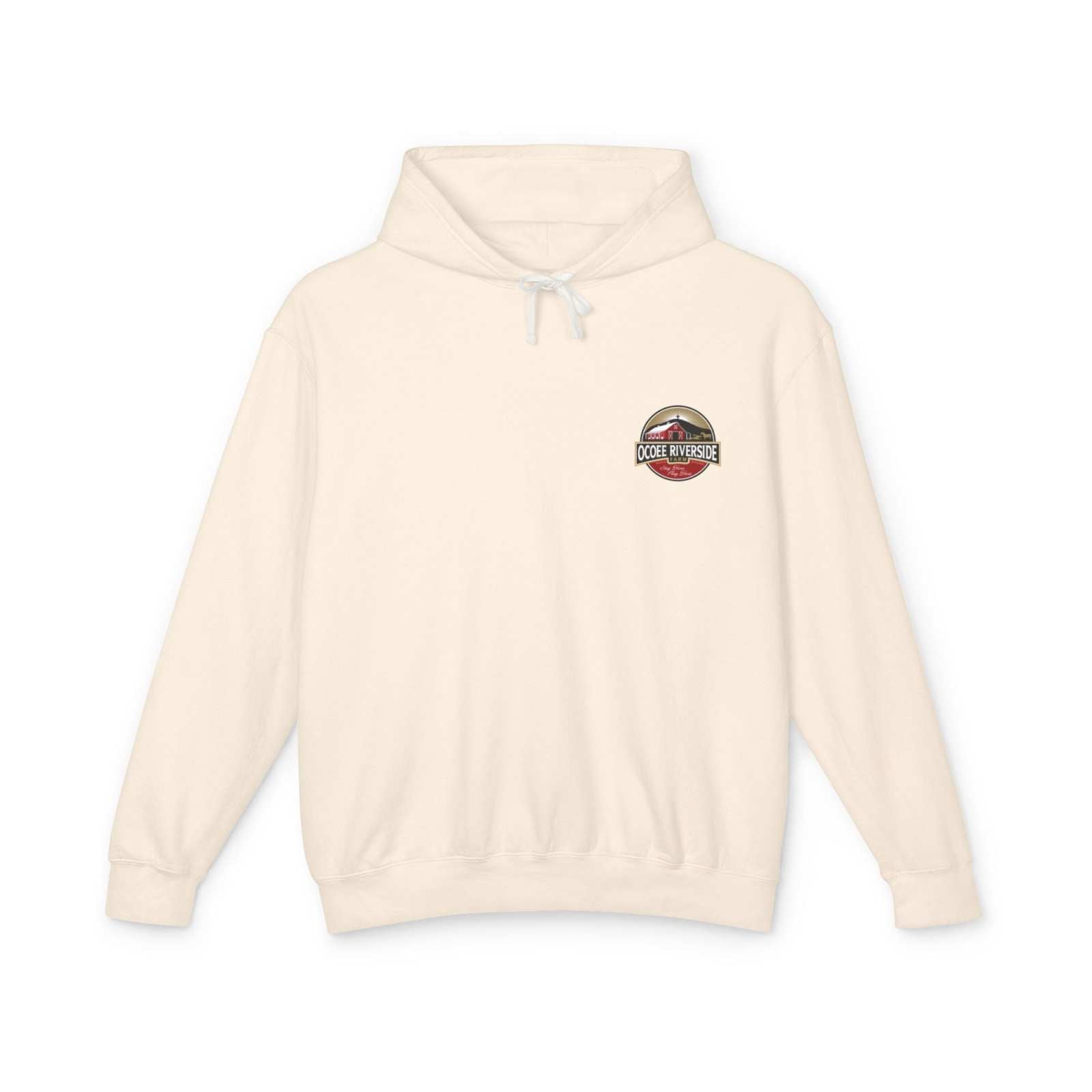 Unisex cream hooded sweatshirt with Ocoee Riverside Farm logo, soft breathable cotton fabric, relaxed fit, and eco-friendly material.
