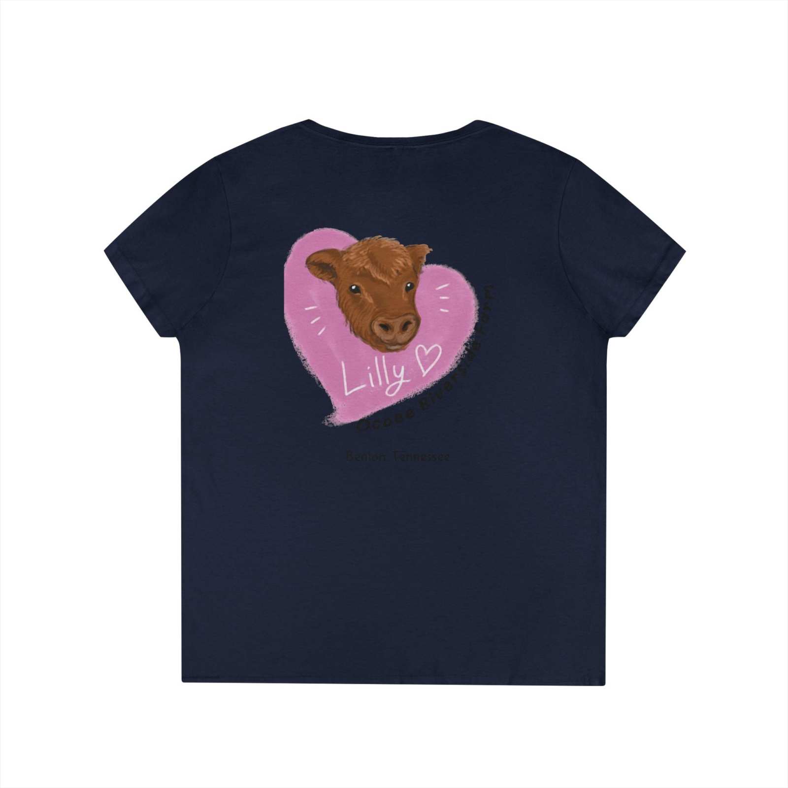 Navy Spud Heart Women’s V-Neck Tee with cow face and pink heart design on back