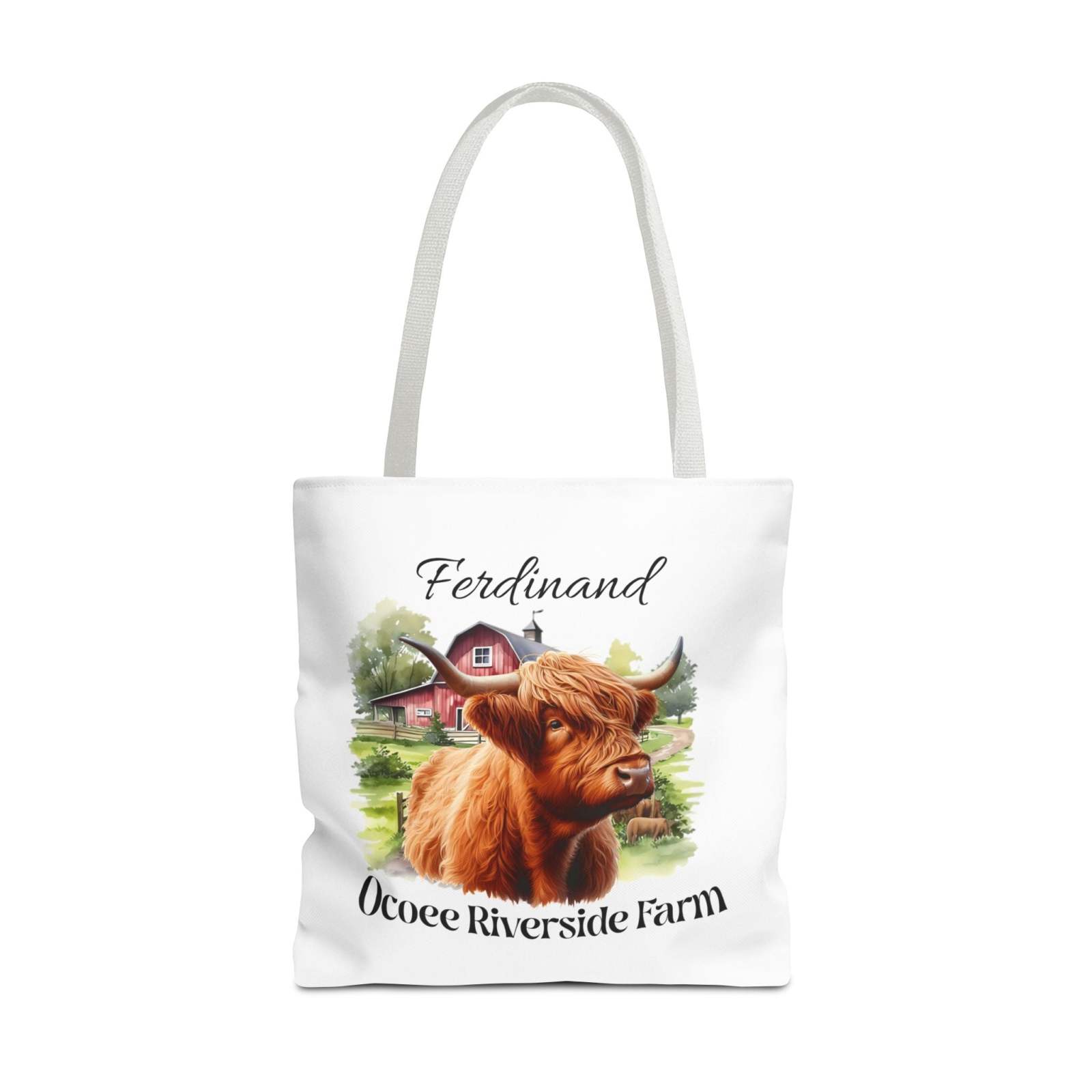 Eco-friendly tote bag featuring Ferdinand the Scottish Highland cow and Ocoee Riverside Farm design