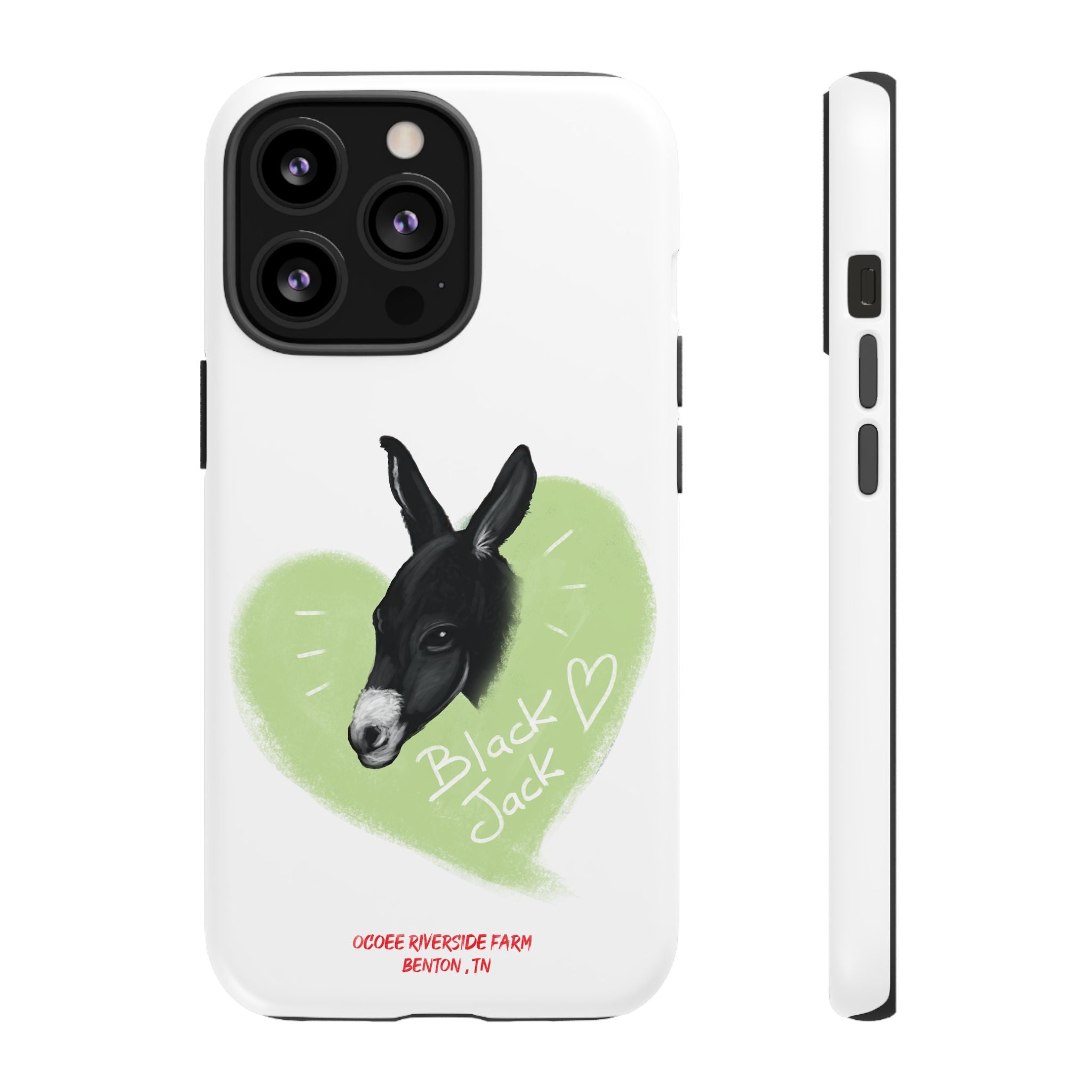 A donkey featuring the words "Black Jack" prominently displayed on its side at Ocoee Riverside Farm Phone Case