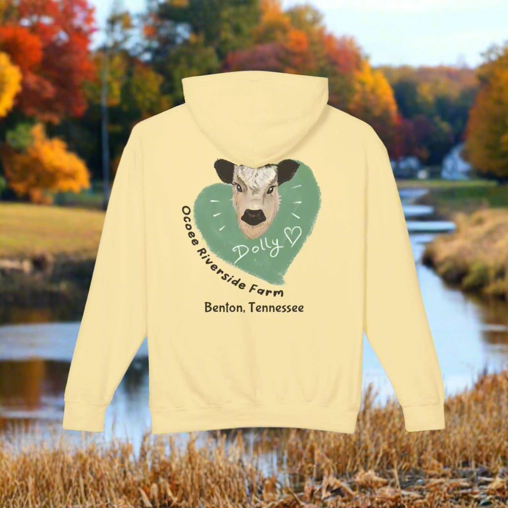 Yellow Cozy Cow Hoodie with Ocoee Riverside Farm cow graphic and text on back
