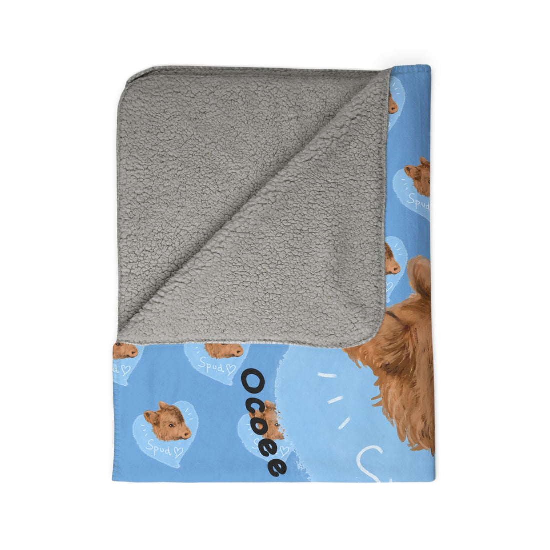 Snuggly Farmhouse Blanket cozy fleece throw with Spud the Cow design and soft grey sherpa lining