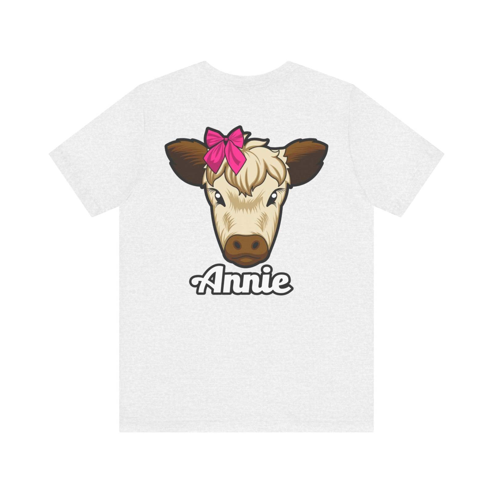 Farm Life T-Shirt featuring Annie the Cow with a red bow, soft and breathable cotton fabric.